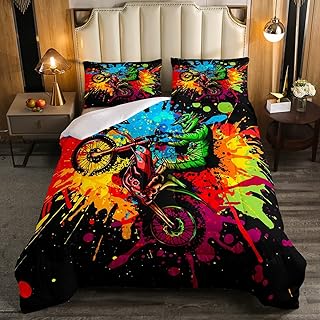 Erosebridal Motocross Bedding Sets for Boys Girls Twin Size Motorcycle Racer Comforter Set Extreme Sport Tie Dye Down Dirt Bike Motor Vehicles Biker Duvet Insert 2Pcs for Kids Car Game Room Decor