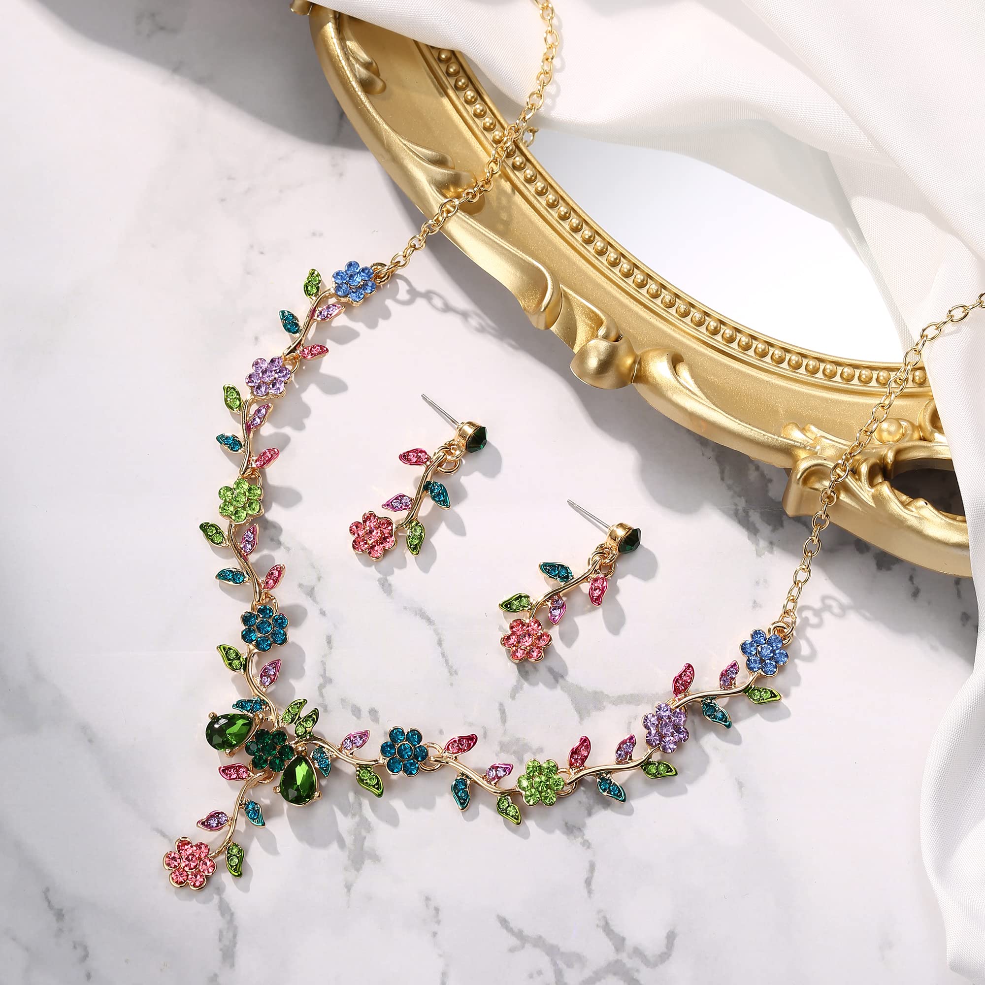 Damen Hochzeit Schmuck Set Blatt Cluster Blume Kristall Anhänger Halskette baumeln Ohrringe für Braut