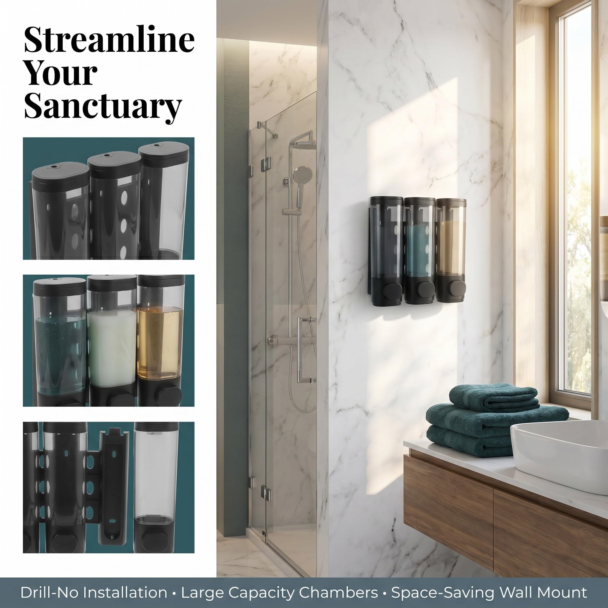 INOOMP 2 dispenser di sapone da doccia a parete: dispenser di shampoo e balsamo ricaricabile a 3 scomparti di grande capacità per casa, hotel, bagno, con pulsante.