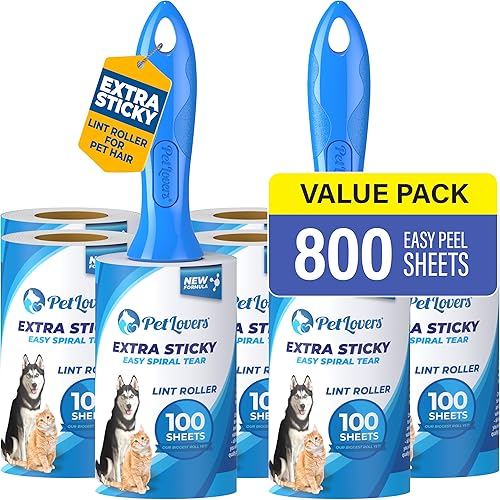 Miniatura 1 de PetLovers Juego de 800 hojas de rodillo extra pegajoso para eliminación de pelusas de mascotas y gatos, paquete de 8 unidades