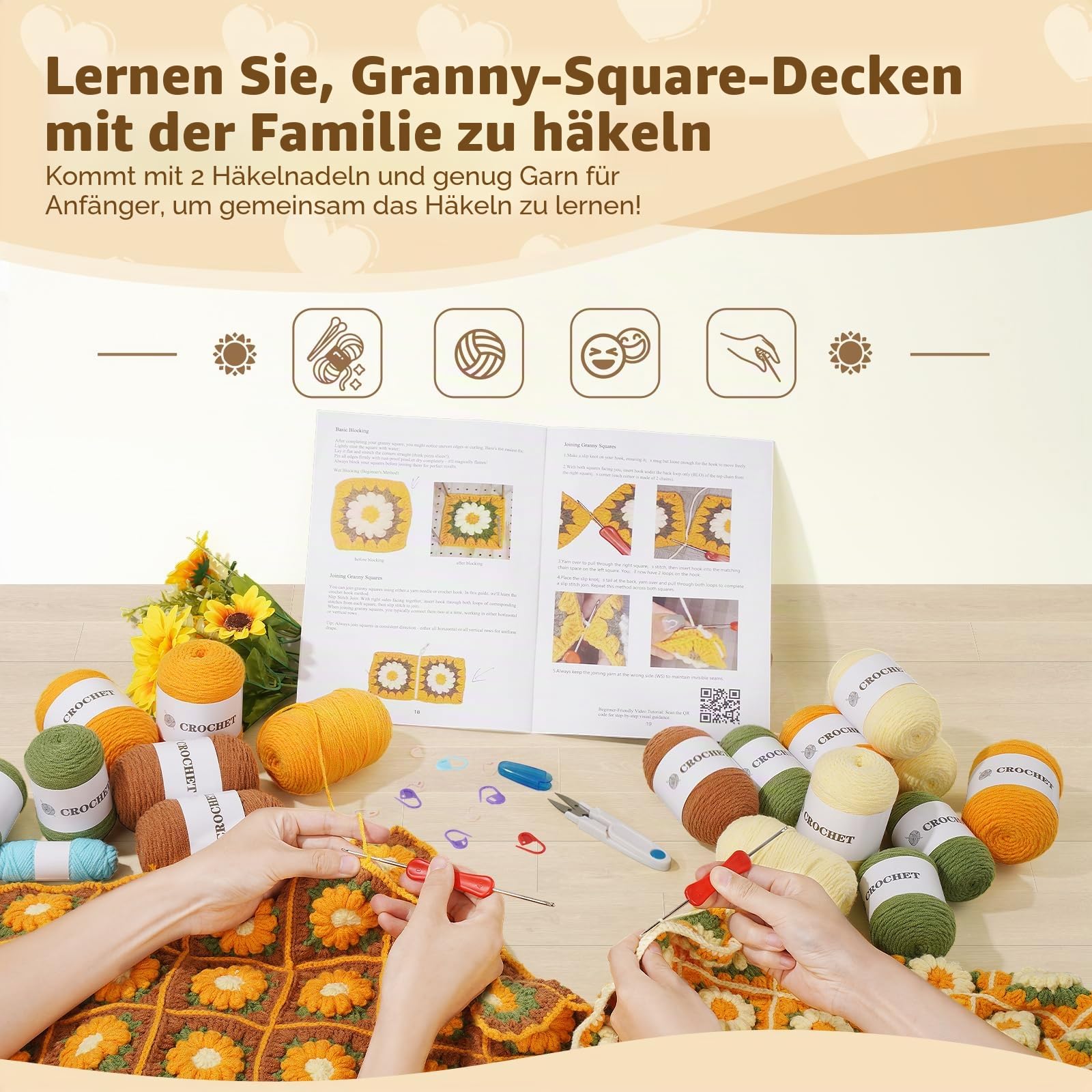 WILSHIN Häkelset für Decken für Anfänger, Häkelset für Granny Squares-Decken mit weichen Garnen, ausführliche Anleitungen und Schritt-für-Schritt-Tutorials, einfaches Strickset (braune Sonnenblume)