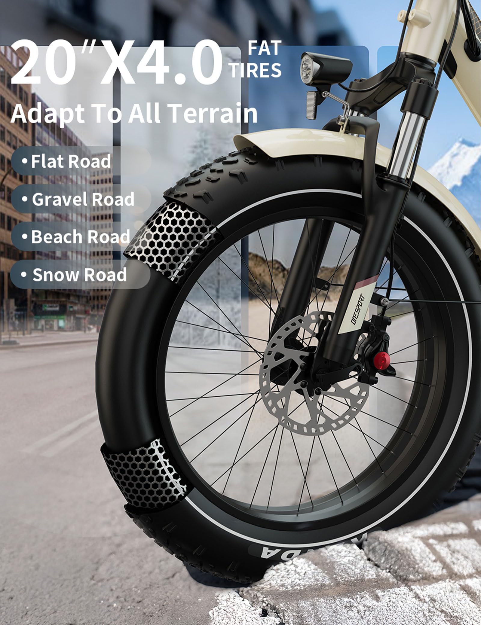 OneSport OT16 Max Vélo Électrique Pliant, 20 x 4" Fat Tire E Bike avec 48V 18AH Batterie Amovible Jusqu'à 120km & 250W Moteur, 7 Vitesses & Freins Hydrauliques, Bluetooth APP, Urban VTT Electrique