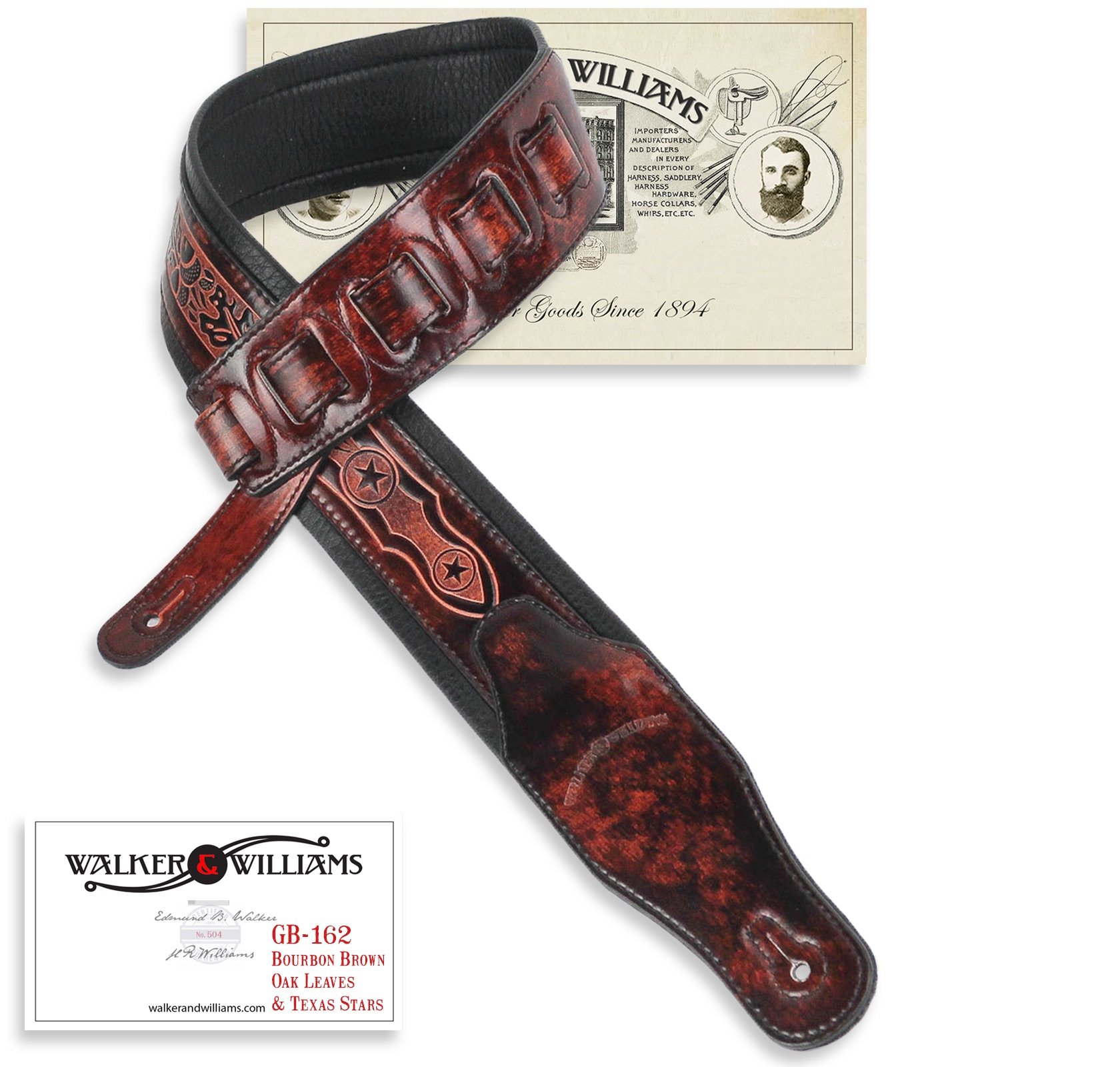 Walker & Williams GB-162 negro Cherry acolchada correa para guitarra con hojas de roble y Texas Star
