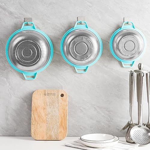 Miniatura 8 de POPGRADE Paquete de 3 coladores de acero inoxidable con asa colador de metal grande para pasta espagueti verduras frutas fideos colador de malla de