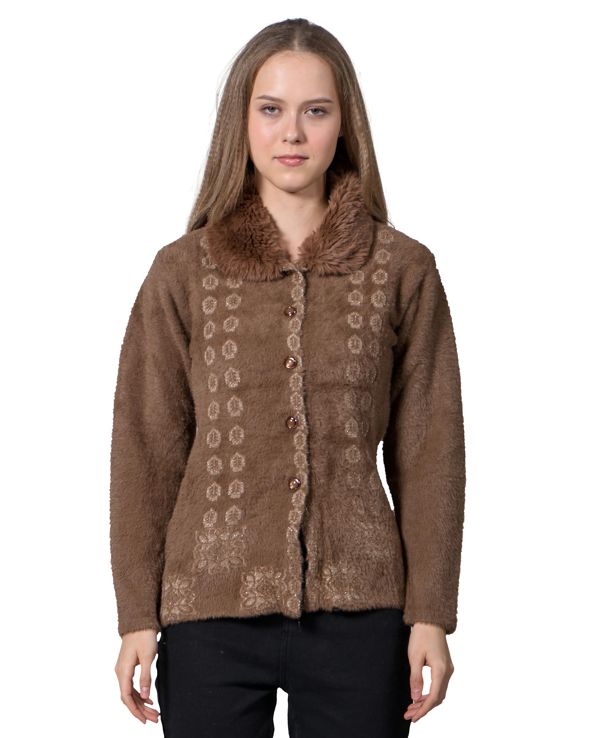 ladywillington Lady Willington Women Woolen Neck Fur Collar Neck Self Design Heavy Hair Rainbow Cardigans Winter Wear Pure Wool Cardigan Long Cotty Fully Warm Cardigan Free Sizes-picture-37