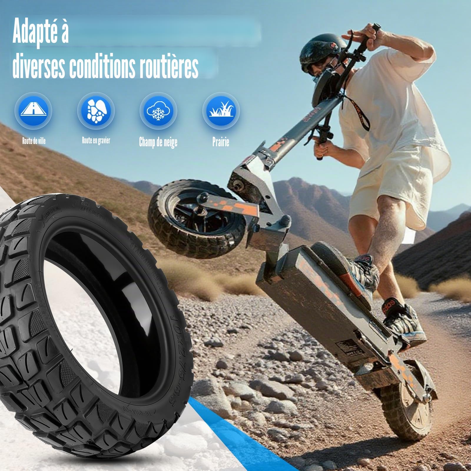 Pneu 10x2.75-6.5 Tubeless Offroad pour Kukirin G2 Master Trotinette, Pneu Tubeless 10x2.75-6.5 avec Gel Auto Réparer, 10 Pouces Pneu Sans Chambre a Air avec Valve, Anti-Usure & Dérapant, 1PCS