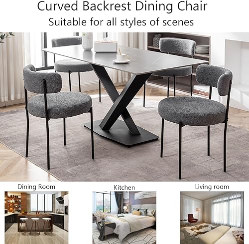 Miniatura 6 de Grey Boucle - Juego de 4 sillas de comedor tapizadas con patas de metal negro, silla de comedor redonda moderna para comedor, cocina