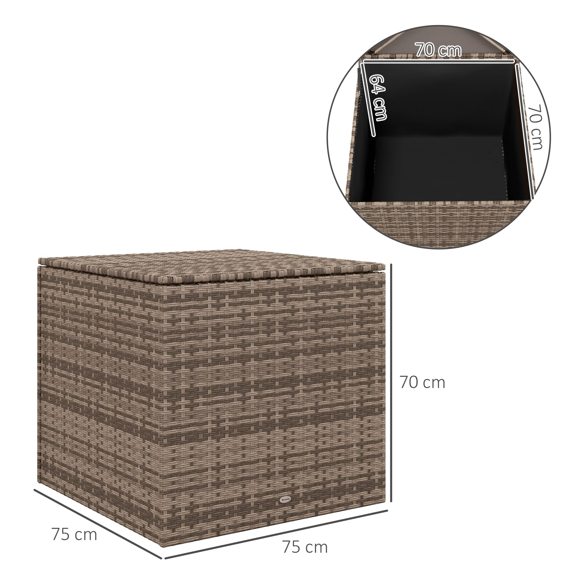 Outsunny Baule da Esterno in Rattan PE, Acciaio e tessuto Oxford, Panca Contenitore con Fodera Interna e Barra Pneumatica, 75x75x70 cm, Nero e color Sabbia