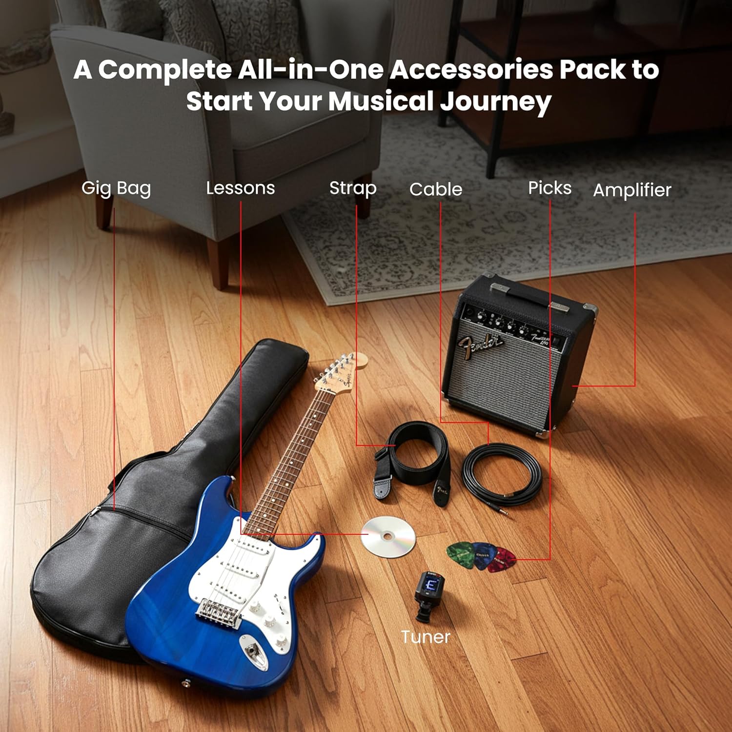 Fender Squier Sonic Stratocaster - Sapphire Blue Transparent Bundle with Frontman 10g Amplifier, Gig Bag, Instrument Cable, Strap, Tuner, Picks, and Austin Bazaar Instructional DVD