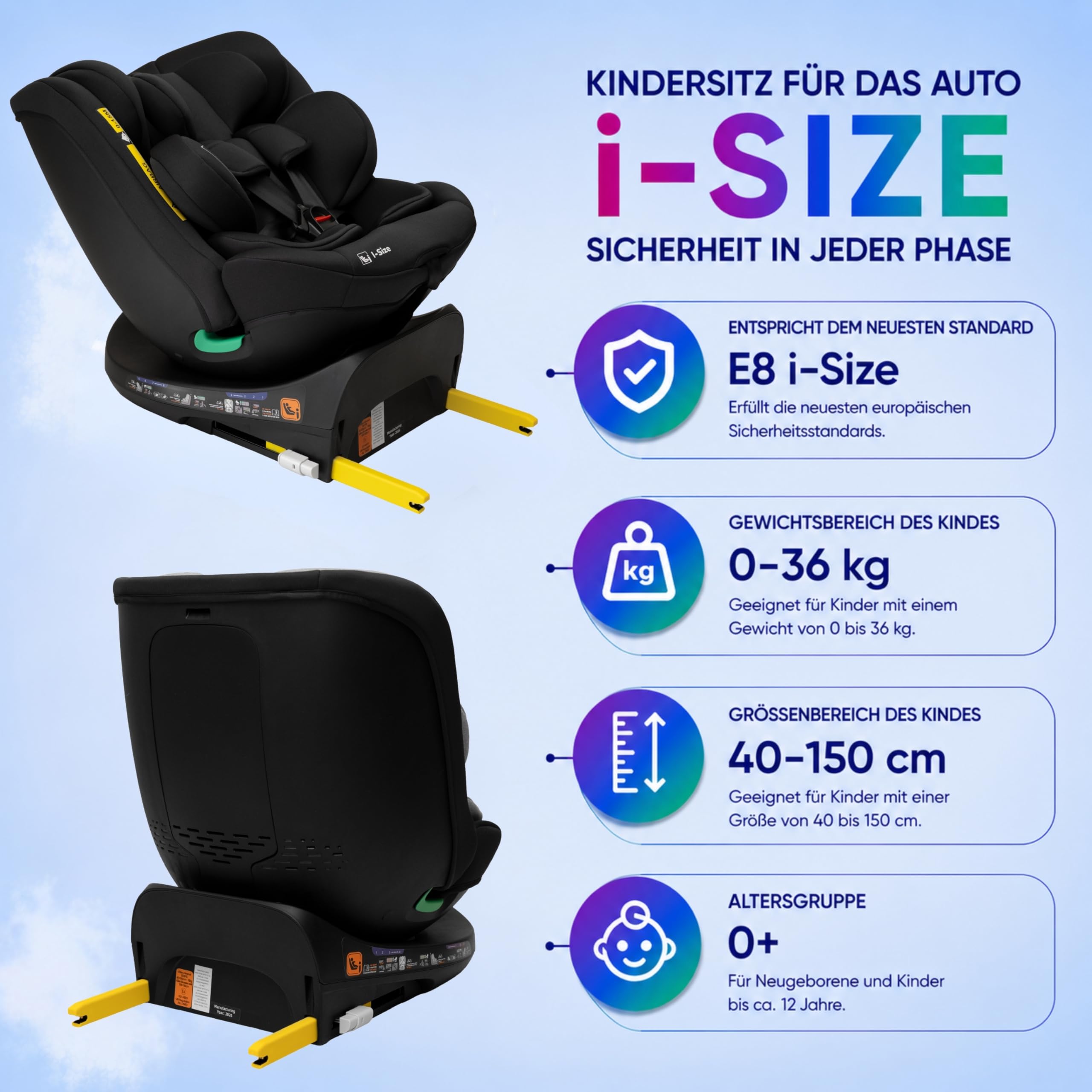 KidsZone Auto Kindersitz Isofix 0-36 kg (0-12 Jahre), 40-150 cm I-Size – Baby Autositz 360 drehbar, 4 Liegepositionen in beide Fahrtrichtungen, 12-stufige Kopfstütze