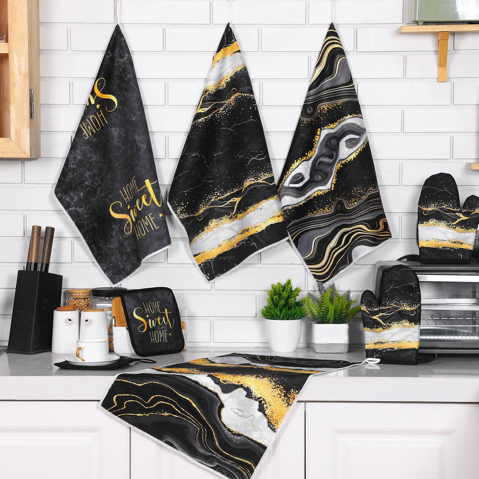 Juego de 8 paños de cocina de mármol negro para decoración de cocina y guantes de horno, soportes para ollas y paños de cocina, accesorios de cocina de granja, juego decorativo para chef 7