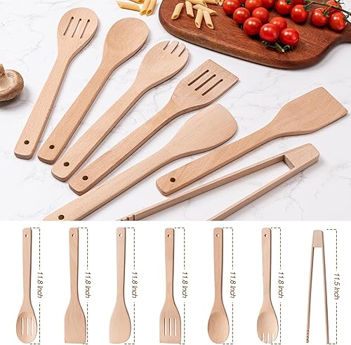 Vista 9 de Cucharas de madera para cocinar 7 piezas, juego de utensilios de cocina de bambú antiadherentes, cuchara de espátula de madera de bambú saludable