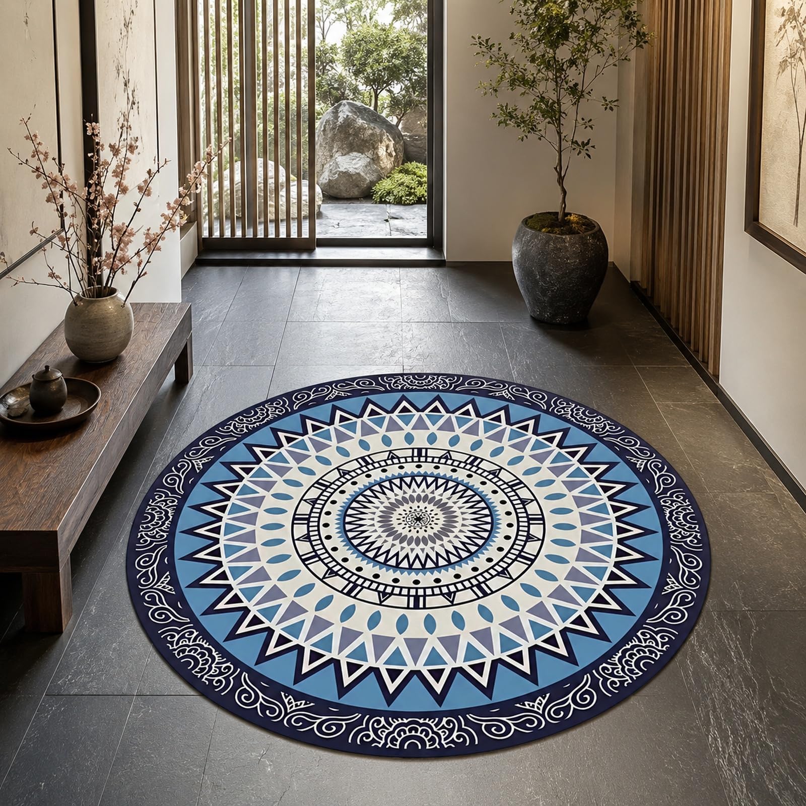 Tapis bleu et gris rond 140 cm pour cuisine et sol facile à nettoyer