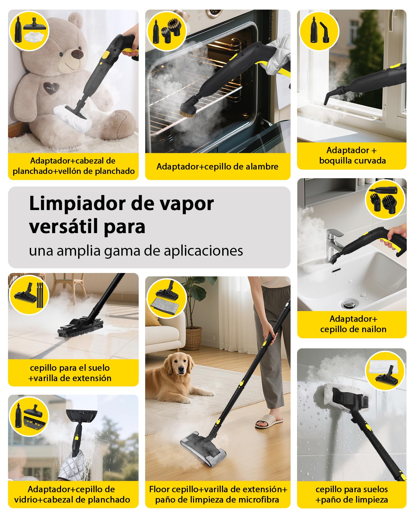 Limpiador a vapor multifuncional KROQO Limpiador a vapor portátil y multifuncional con 23 accesorios. Adecuado para limpiar papel tapiz, pisos, sofás, asientos y baños. Capacidad de 1.5 litros.