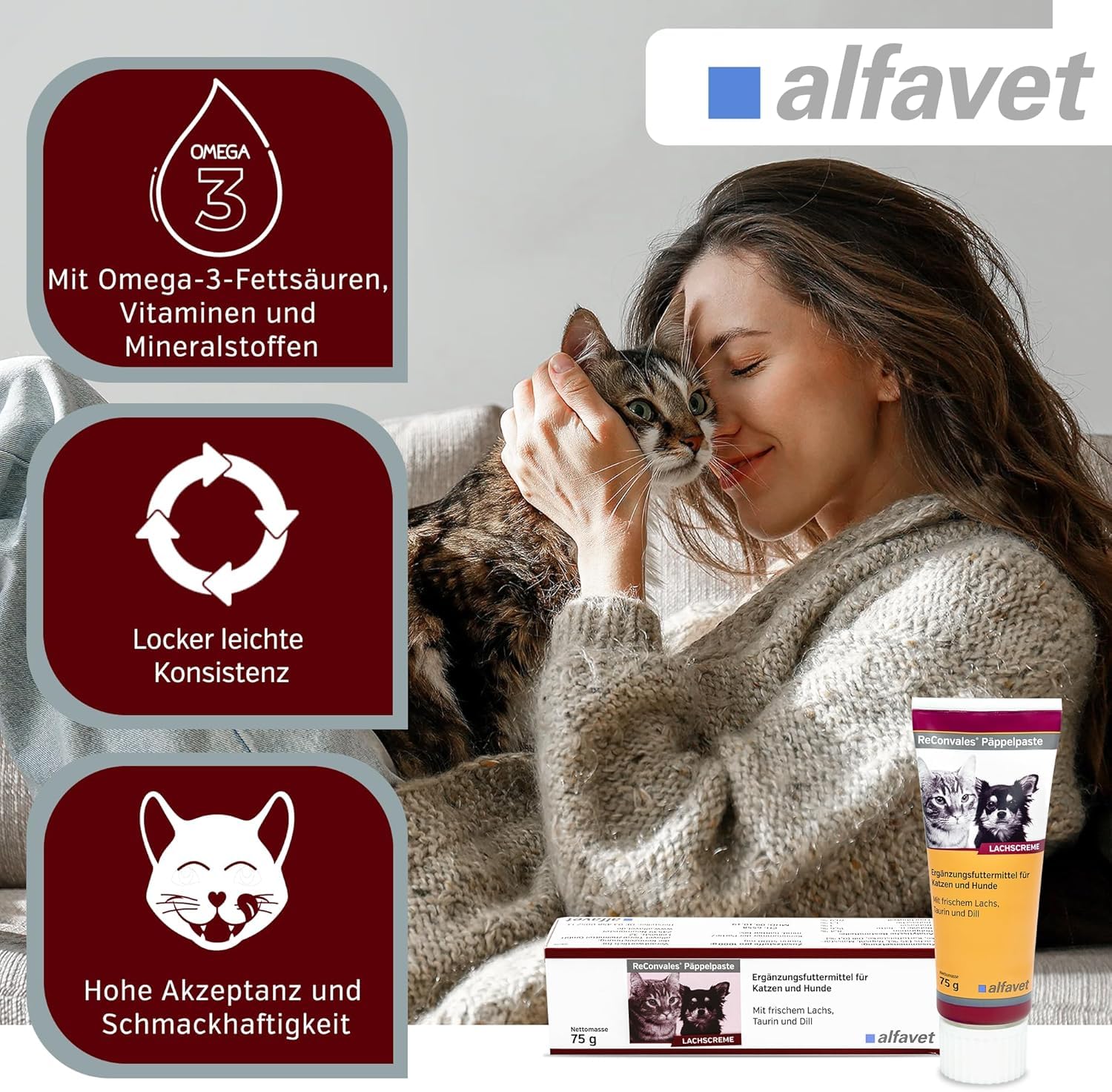 Alfavet ReConvales Päppelpaste - Crema de salmón - Pienso complementario para Perros pequeños y Gatos - 3 x 75g