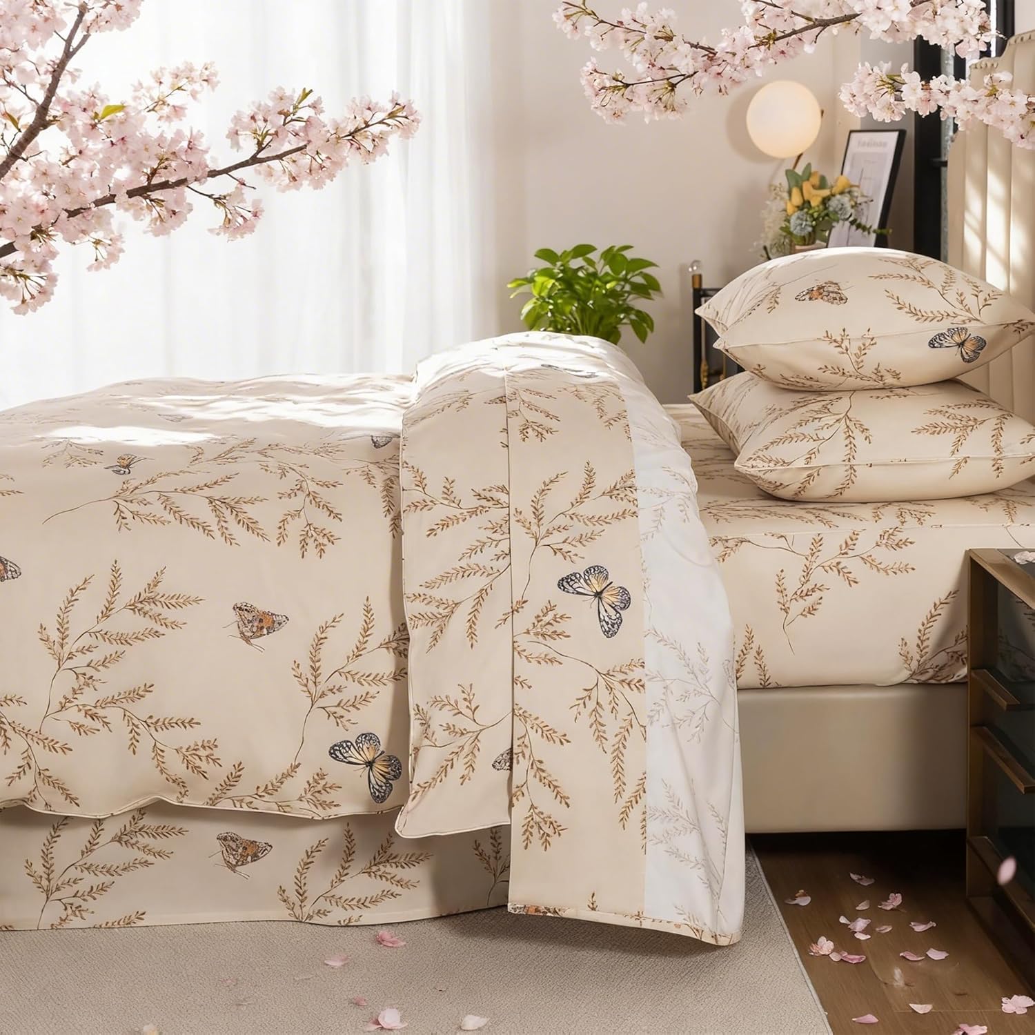 FADFAY King Size Duvet Cover Set - 100% Brushed Cotton, Fluffy & Ultra-Soft, Beige Floral Print, Cozy 3 Piece Bedding