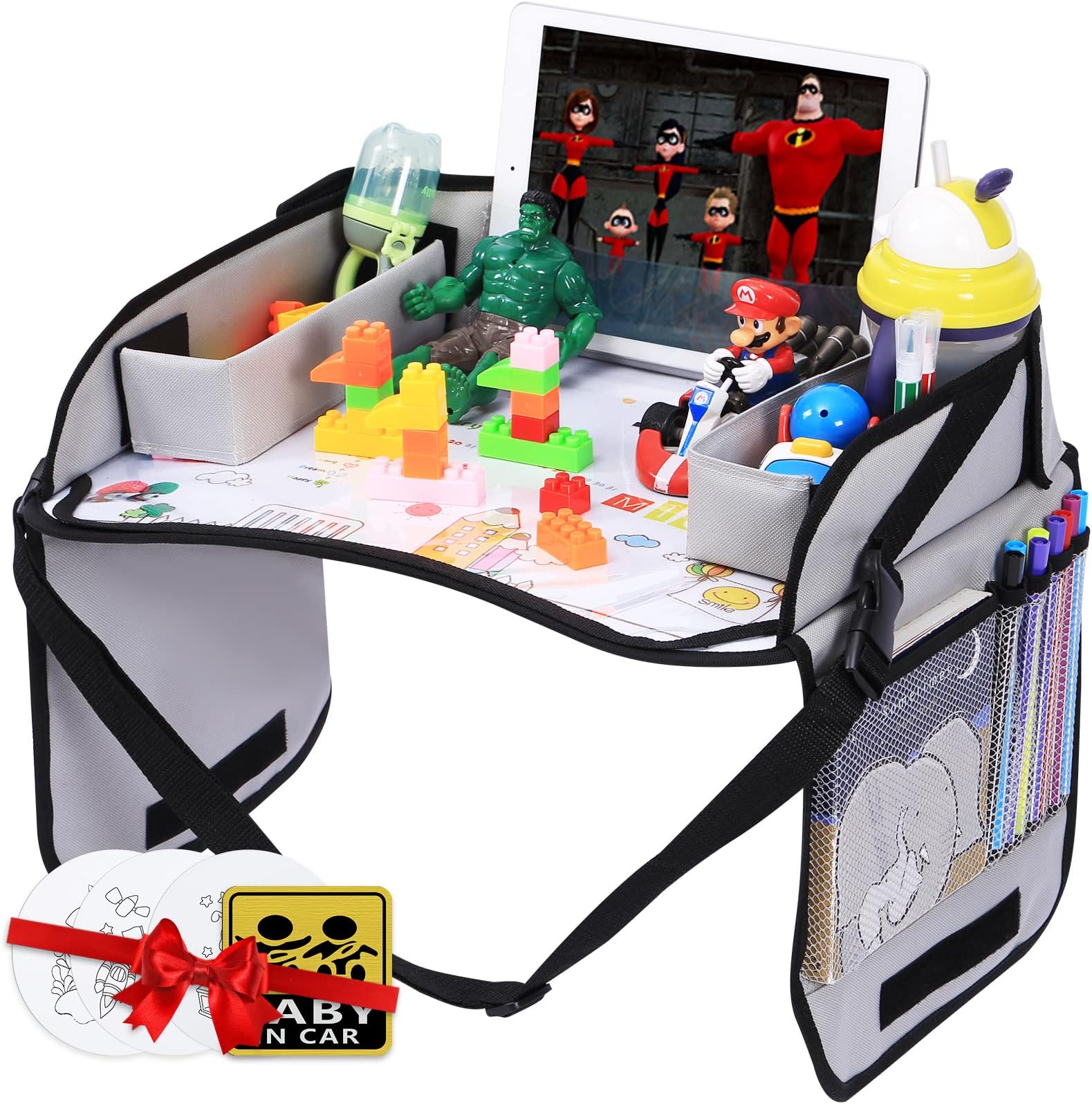 InnokidsKids Travel Lap Tray Children Car Seat Activity Snack and Play Tray Desk with Erasable Surface, iPad & Tablet Holder, Detachable Organizers for Cars, Planes & Baby Stroller (Gray)