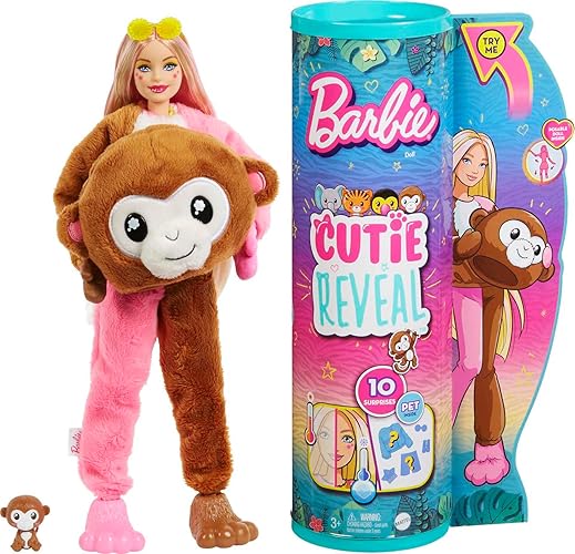 Barbie Cutie Reveal Fashion Doll, Muñeca de Moda de Serie Selva con Disfraz de Mono Suave, 10 Sorpresas Incluidas Mascota Mini y Cambio de Color