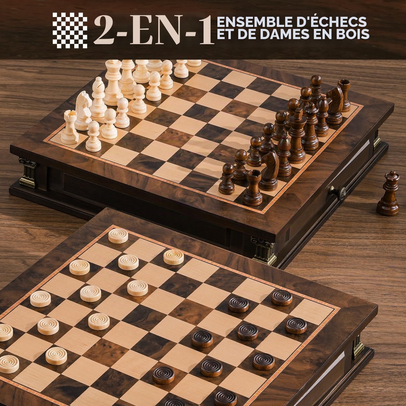 Peradix Jeu d'échecs magnétique 2 en 1 avec 2 tiroirs de rangement intégrés, jeux d'échecs classiques 2 en 1 avec 2 reines supplémentaires pour enfants et adultes, jeu d'échecs portable de voyage