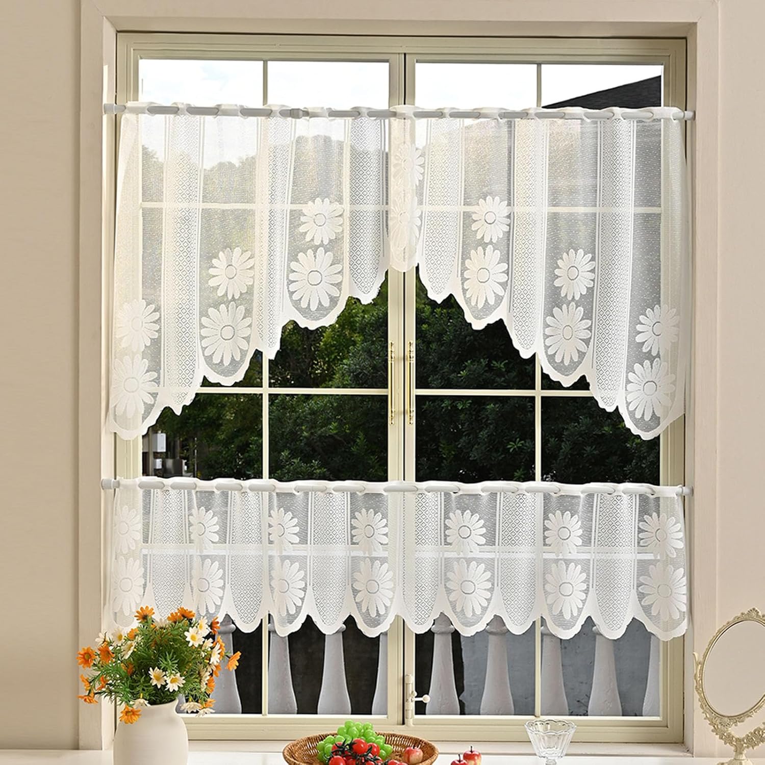 Elegant Lace Window Panels 2 Pack Machine Washable Half Drape Flower Curtain Valance for Privacy and Home Styling Floral Lace Window Swag Valance