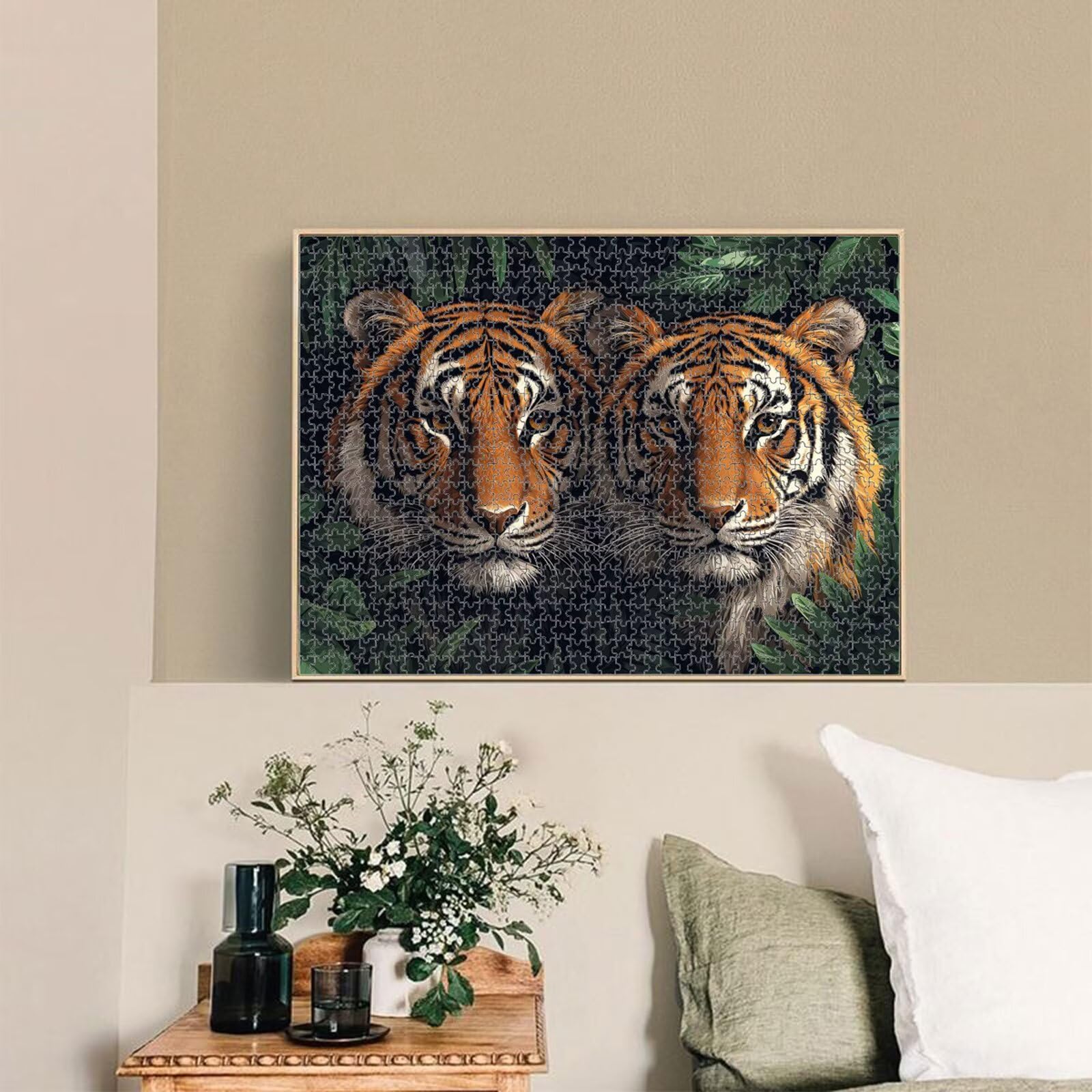 1000 elementów, puzzle dla dorosłych, tygrys i liść, drewniane puzzle 1T#641 | Drewniana konstrukcja, precyzyjne cięcie, jasne kolory, statyczne hobby, relaks, dekoracja domu, prezent, 50 x 75 cm