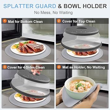 LekDrok 10 Inch Microwave Food Cover & Collapsible Silicone Mat - Splatter Guard, Plate Holder & Kitchen Colander for Meal Prep, Charcoal