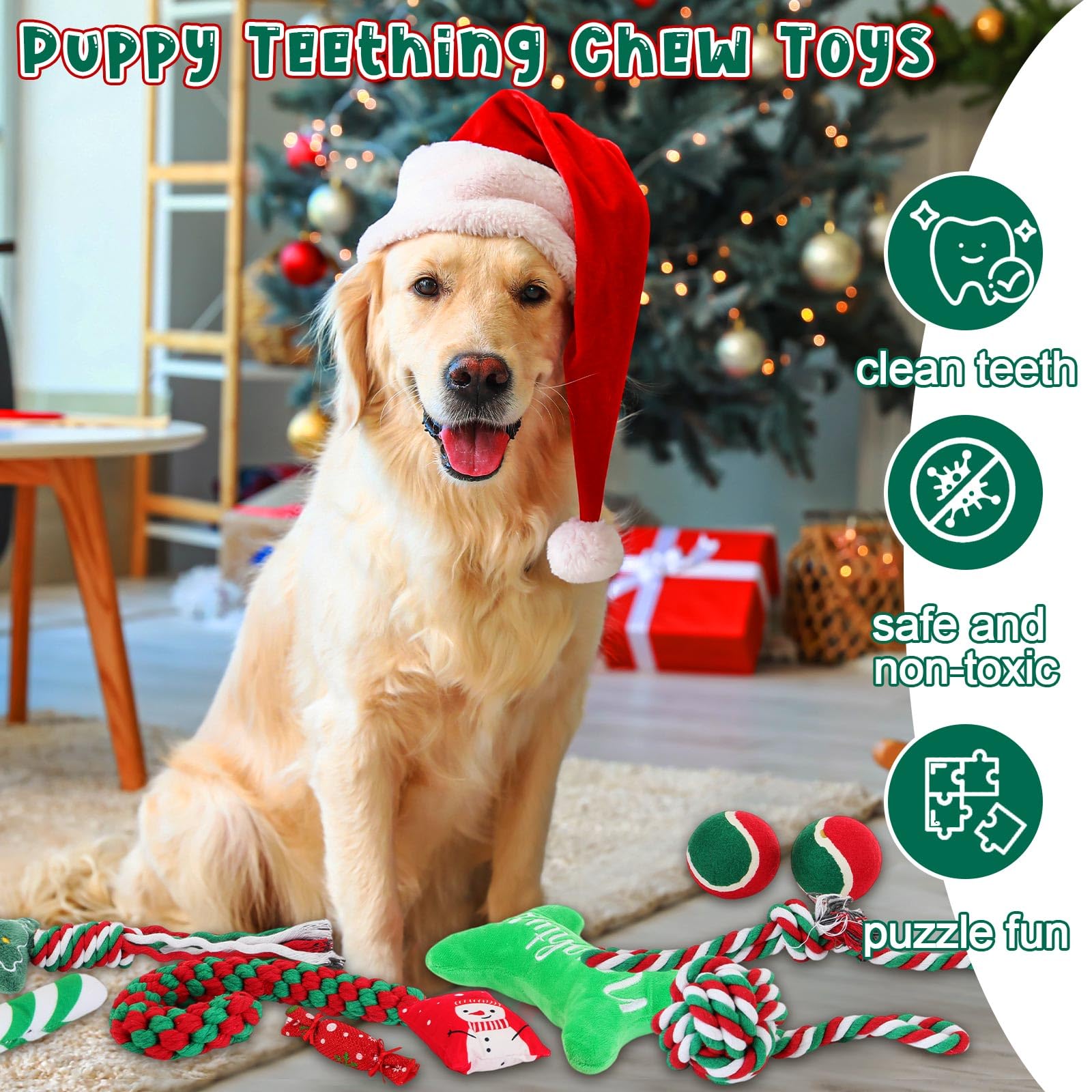 Lot de 16 jouets de Noël pour chien - Jouets couineurs en corde à mâcher pour chiens de petite, moyenne et grande taille - Cadeau de dentition