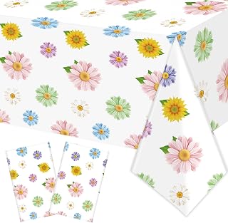 2 Pcs Floral Plastic Tablecloth Spring Daisy Disposable Table Cloth Sunflower Rectangle Tablecloths Pink Purple Blue Flower Table Covers for Spring Easter Birthday Party Supplies,54 x 108 Inch