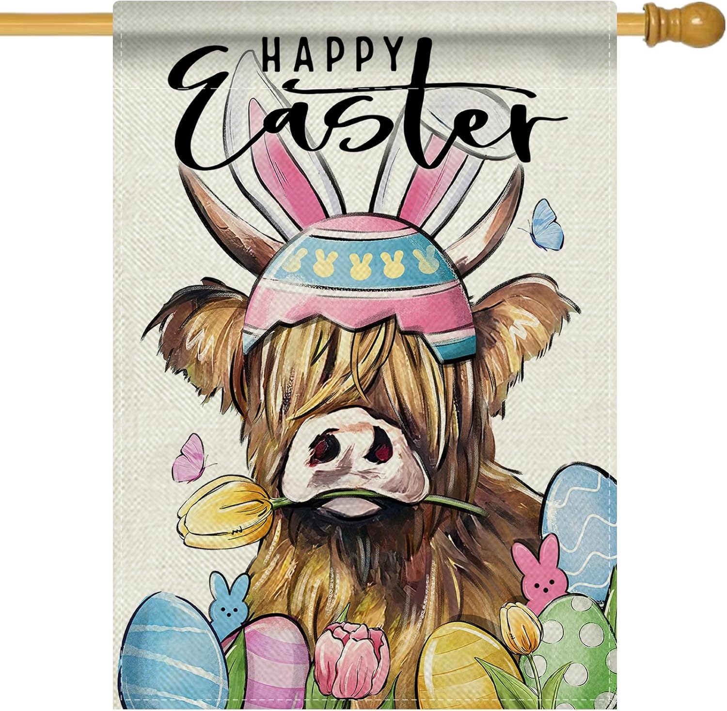 Happy Easter Highland Cow Decorative House Flag, Cute Easter Eggs Peeps Farm Garden Yard Outside Decoration, Spring Farmhouse Rustic Burlap Outdoor Large Home Decor Double Sided 28 x 40