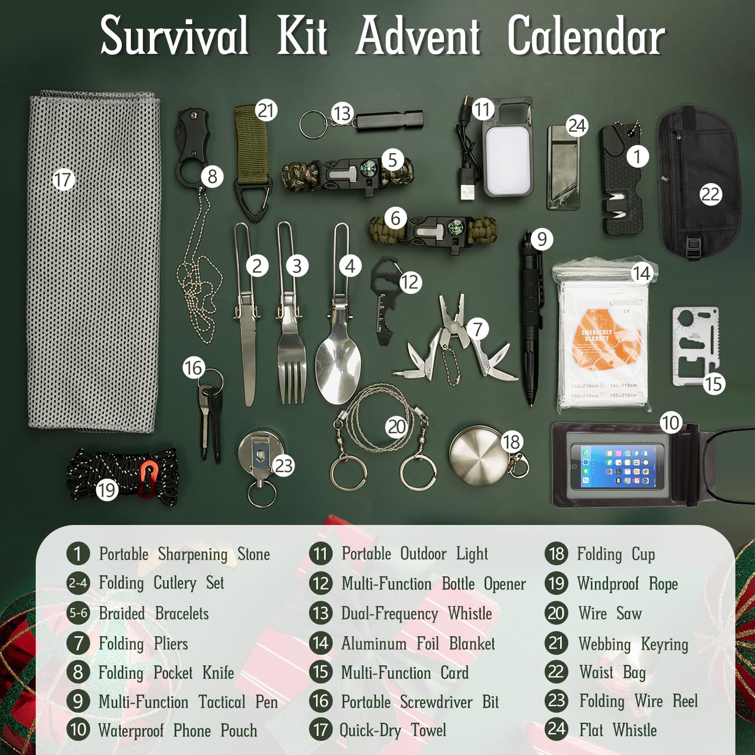 Calendario Avvento 2025 Uomo, 24pcs Kit Sopravvivenza Campeggio, Bushcraft Survival Accessori con Coperta Termica e Fischio, Regali di Natale Calendario dell Avvento per Adulti e Adolescenti