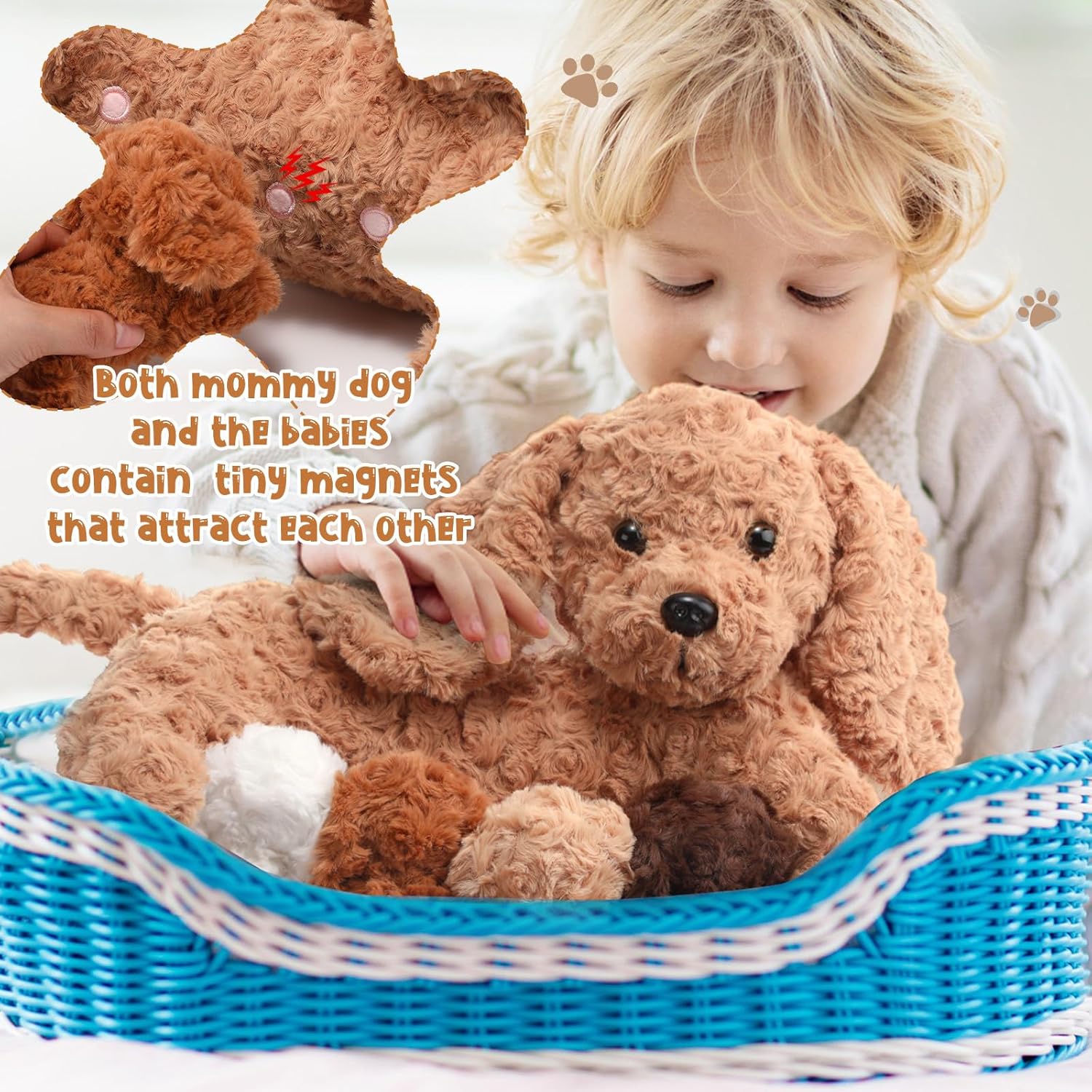 HyDren 5 Pcs Labradoodle Nurturing Dog Stuffed Animal Sets 15 Inch Soft Cuddly Labradoodle Plush Toys Nursing Mommy Dog with 4 Puppy Stuffed Animals for Kids Birthday Easter Party Gifts