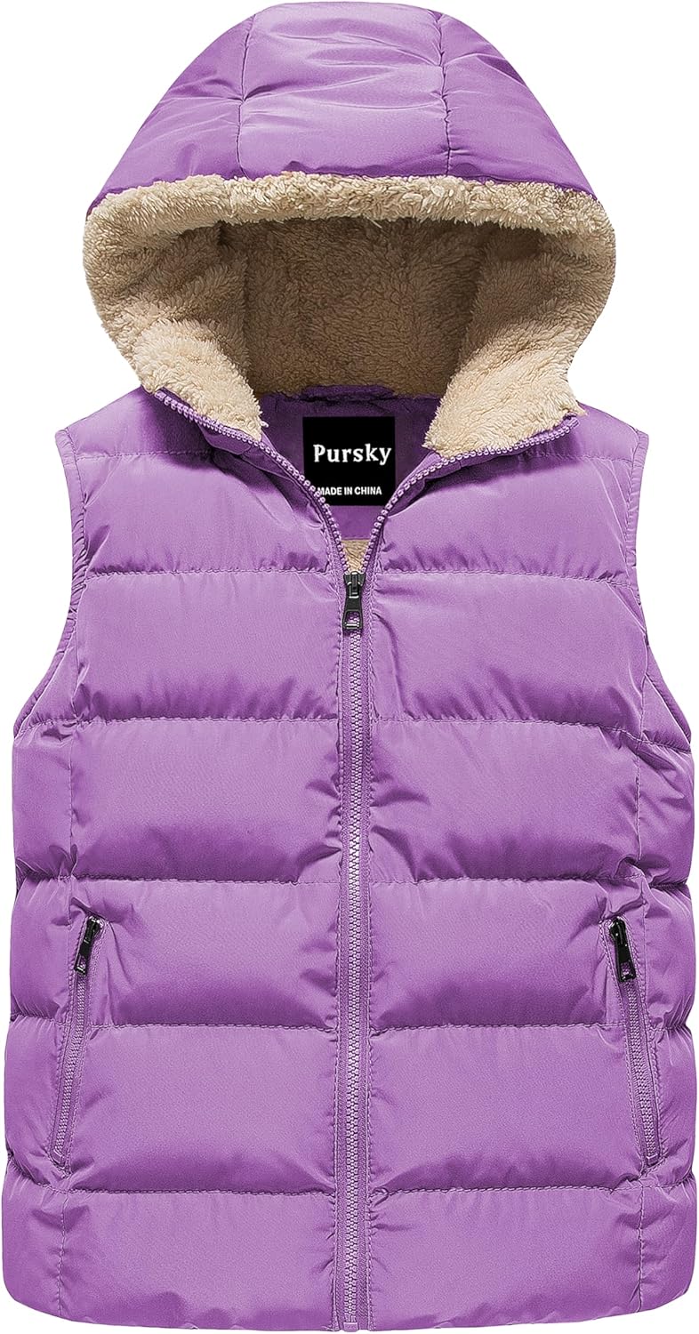 Pursky Girl's and Boy's Hooded Warm Puffer Vest Outerwear Soft Flannel Lined Insulation Waistcoat