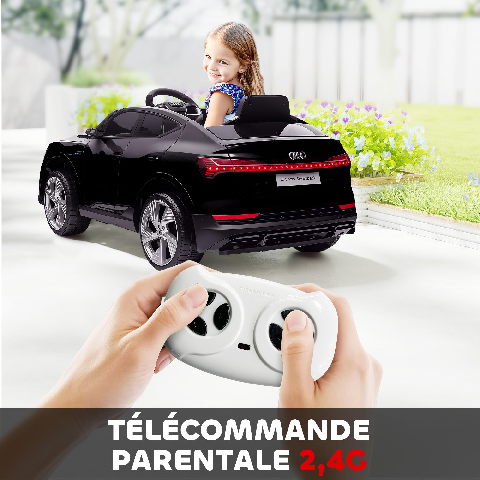 HOMCOM Voiture électrique Enfants sous Licence Audi e-tron Sportback, véhicule électrique 12V Max. 5 Km/h avec télécommande 2,4G, phares LED, Musique, klaxon, Port USB, MP3, Noir
