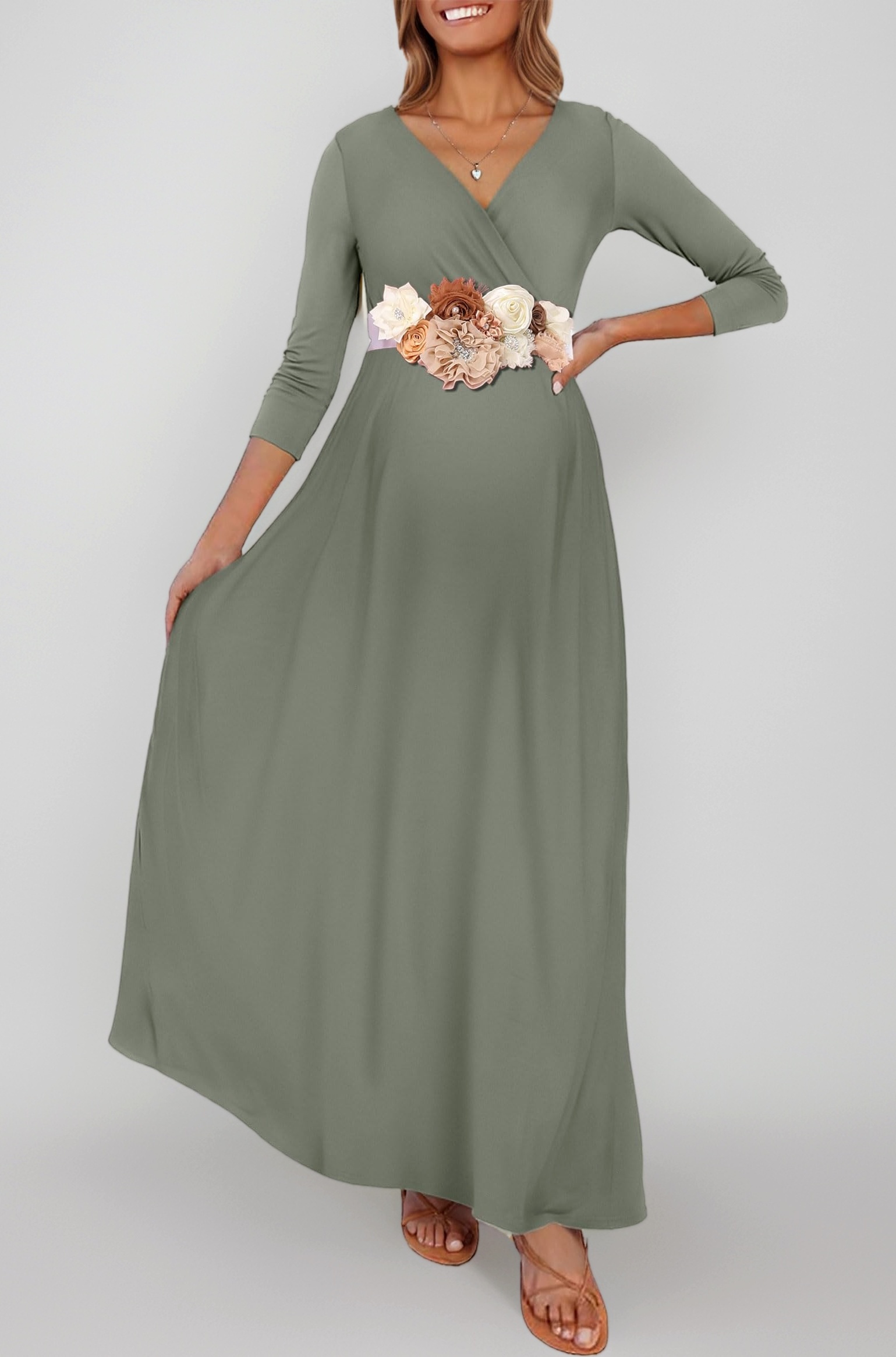 Maternity Maxi Dress with Flower Sash(S-3XL)/Wrapped Ruched V Neck Photoshoot Baby Shower Dresses