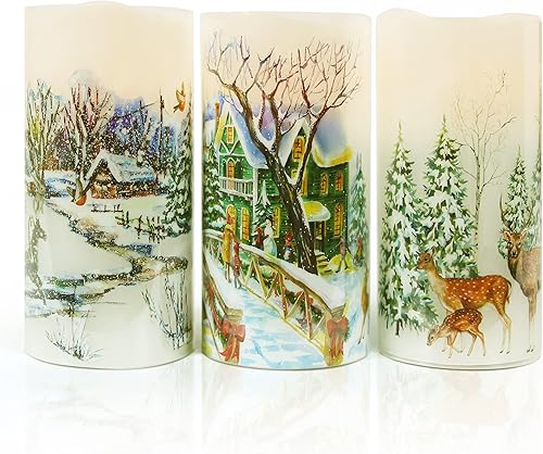 Velas LED de cera real sin llama, funcionan con pilas con temporizador y calcomanía verde para árbol de Navidad, juego de 3, luz cálida