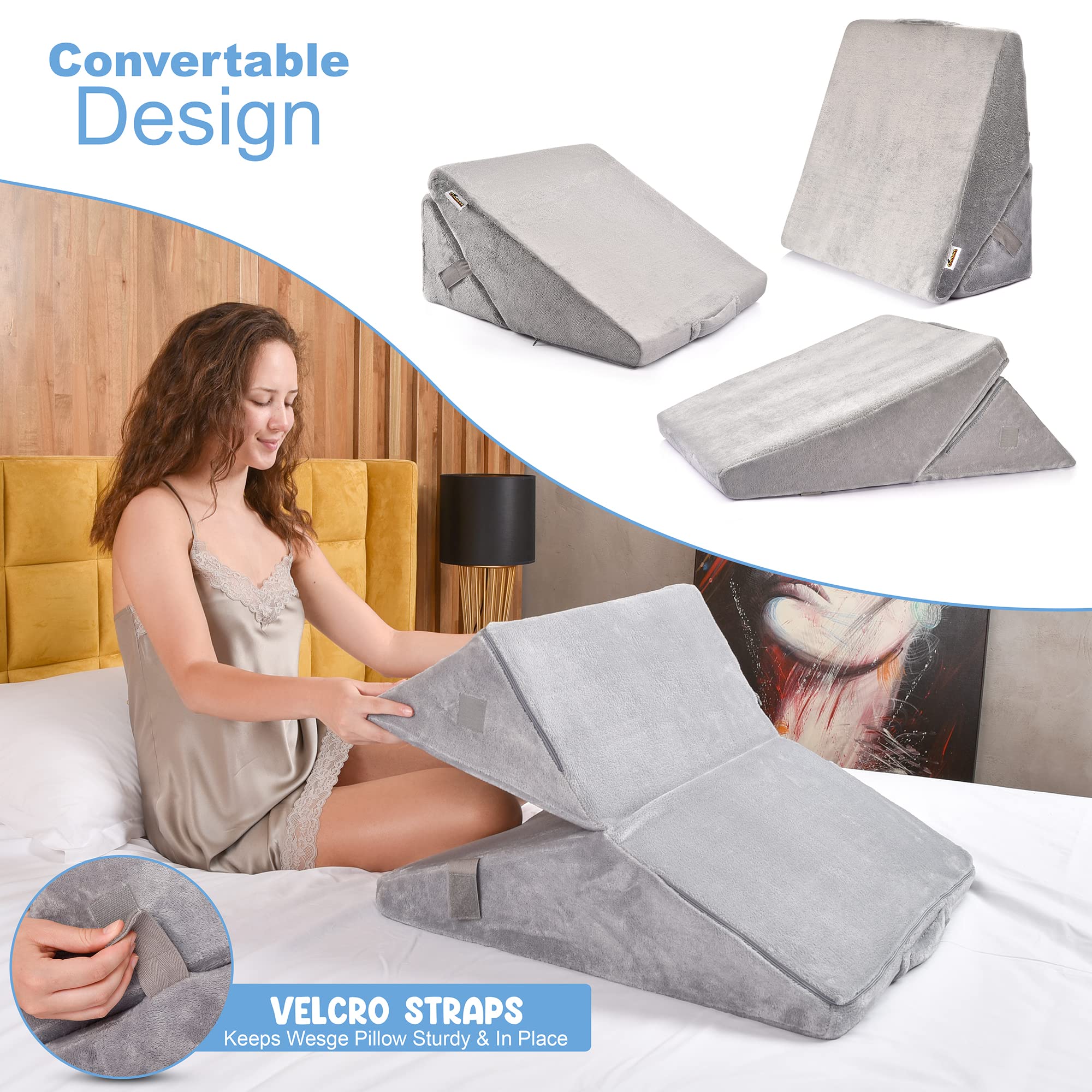 Almohada de cuña para cama – Almohada de apoyo ajustable multiusos – Parte superior de espuma viscoelástica de gel refrescante – Ayuda a la acidez estomacal por reflujo ácido, alergias,