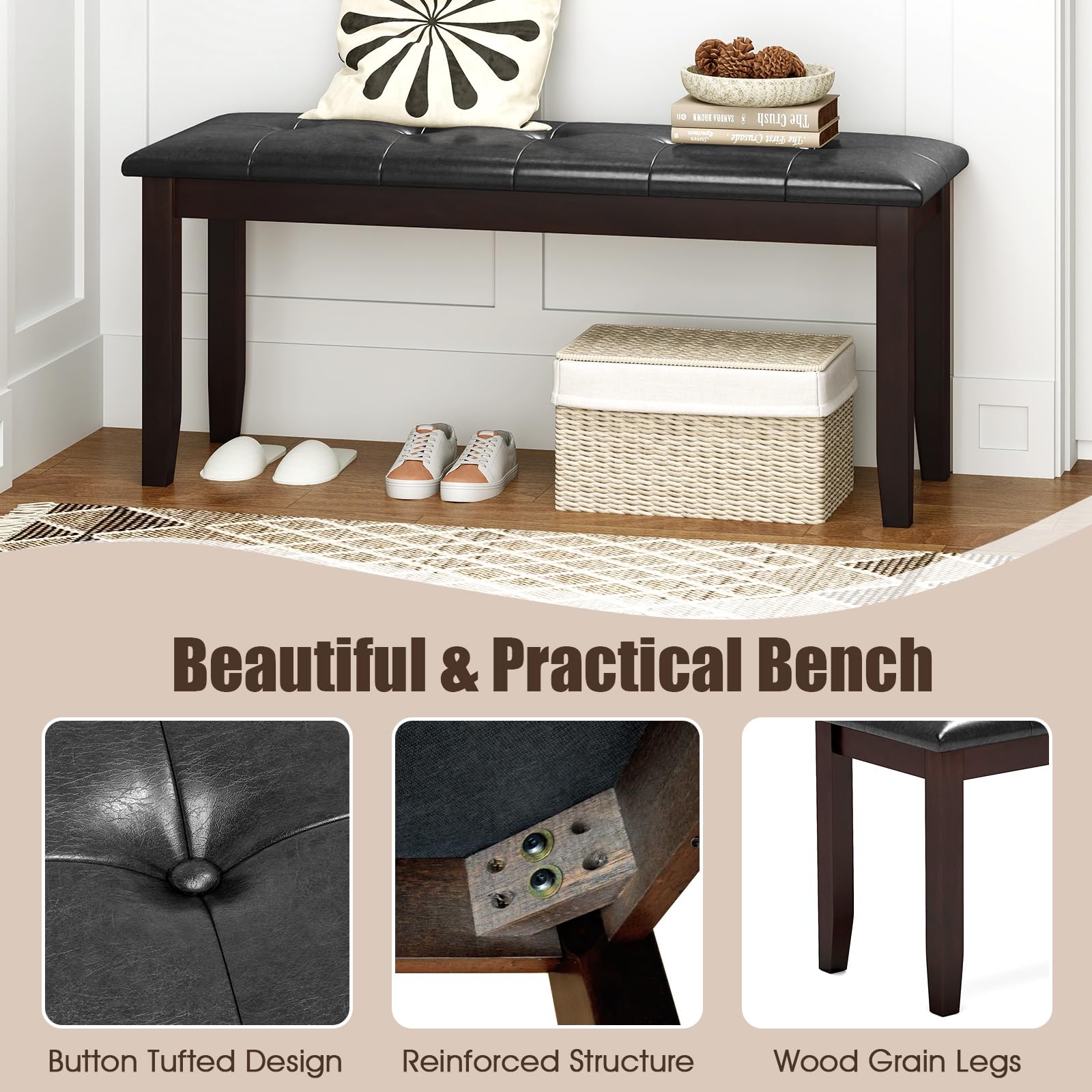 Giantex Dining Room Bench, Traditional Upholstered Table Benches, Hallway PU Leather Bench Entryway Bench, Bedroom Bench for End of Bed, Ottoman Bench (Brown)