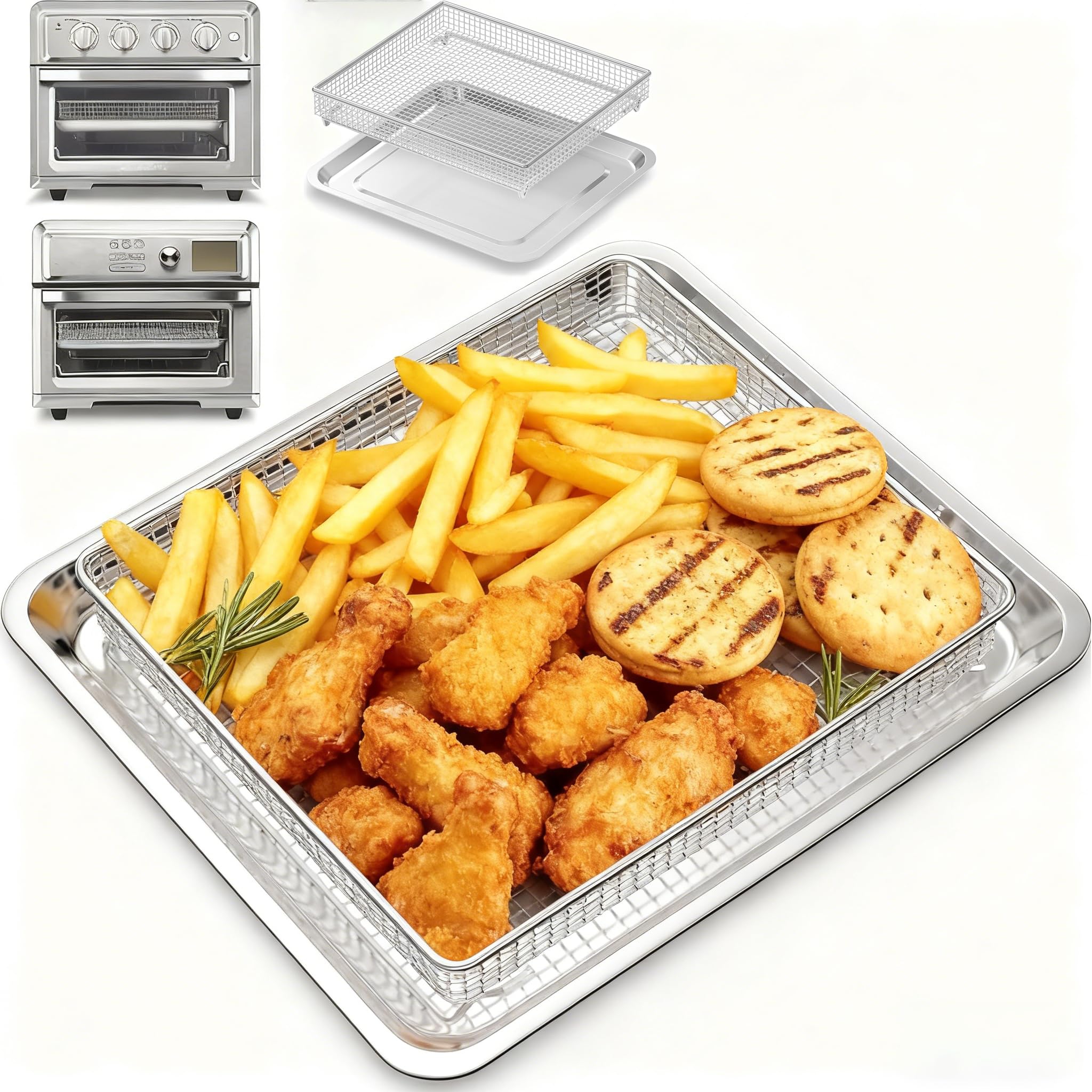 COWHERDING Air Fryer Tray Replacement for Cuisinart TOA-60 TOA-65 TOA-70 Toaster Oven Parts Accessories, 12.4"x11" Stainless Steel Baking Tray Pan and Mesh Air Fryer Basket, NonStick, Dishwasher Safe
