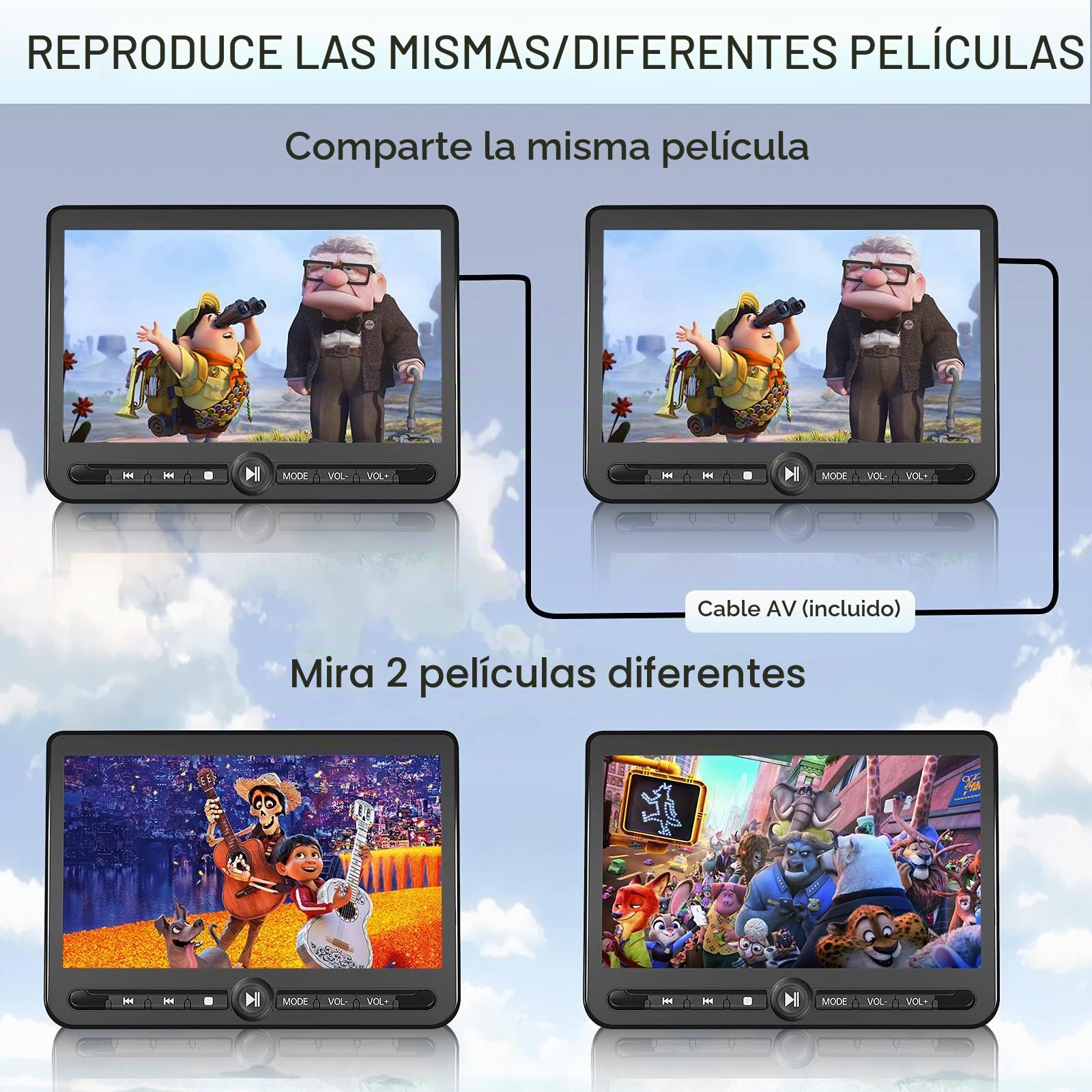 Arafuna 10.5" Reproductor de DVD para Coche, Recargable DVD Portátil Coche, 5000mah Recargable, 2 monitores de reposacabezas, 2 Control Remoto, Cable DVI