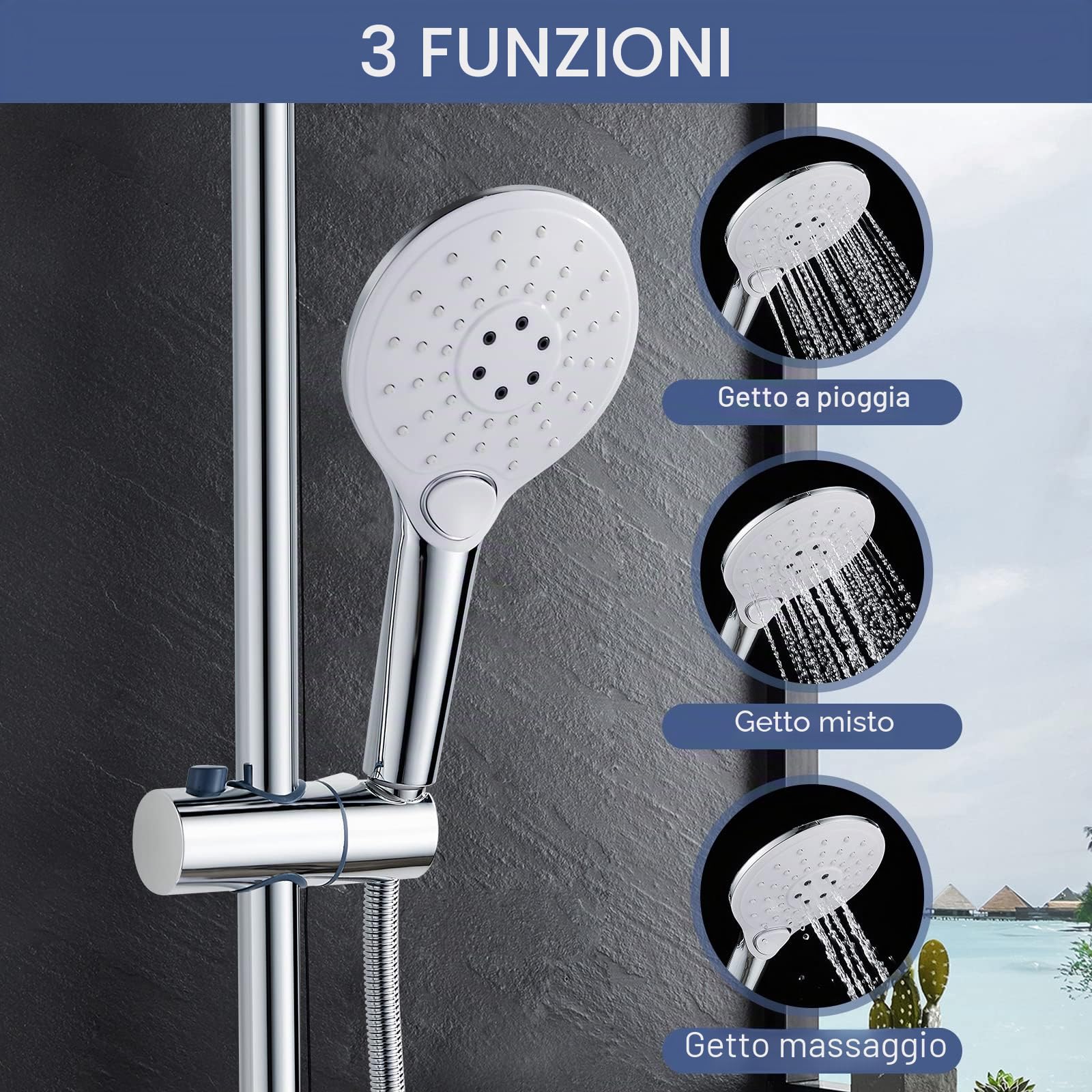 Colonna Doccia con Miscelatore, Coleniny Sistema Doccia Altezza Regolabile 110-145cm, Doccia Colonna con Soffione Pioggia, Flessibile Doccia 150cm, 3 Doccetta a Spruzzo, Cromato