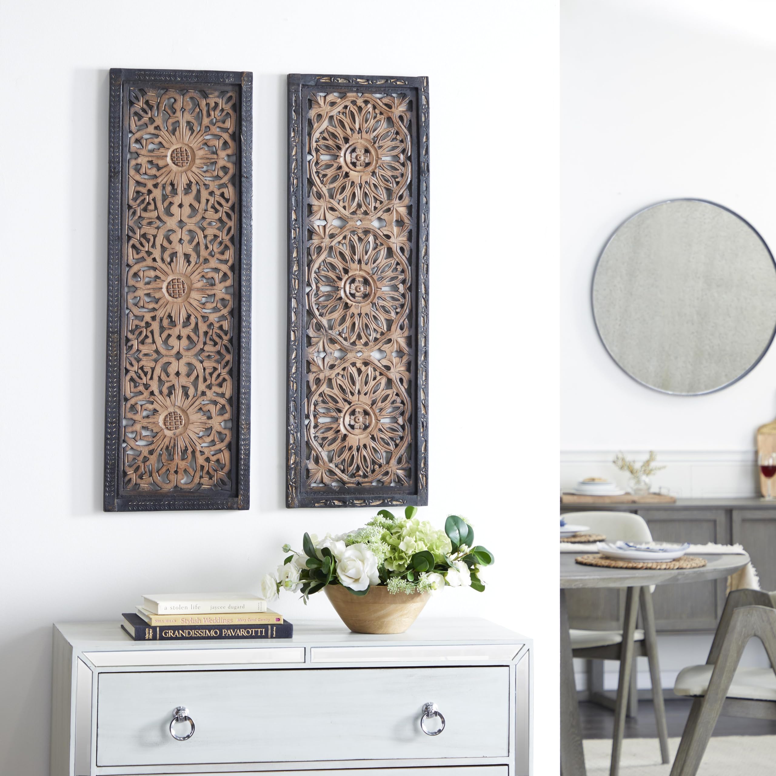 Deco 79 34087 élégante Sculpture Murale en Bois Panneau Mural Assortis, 36/30,5 cm, Lot de 2