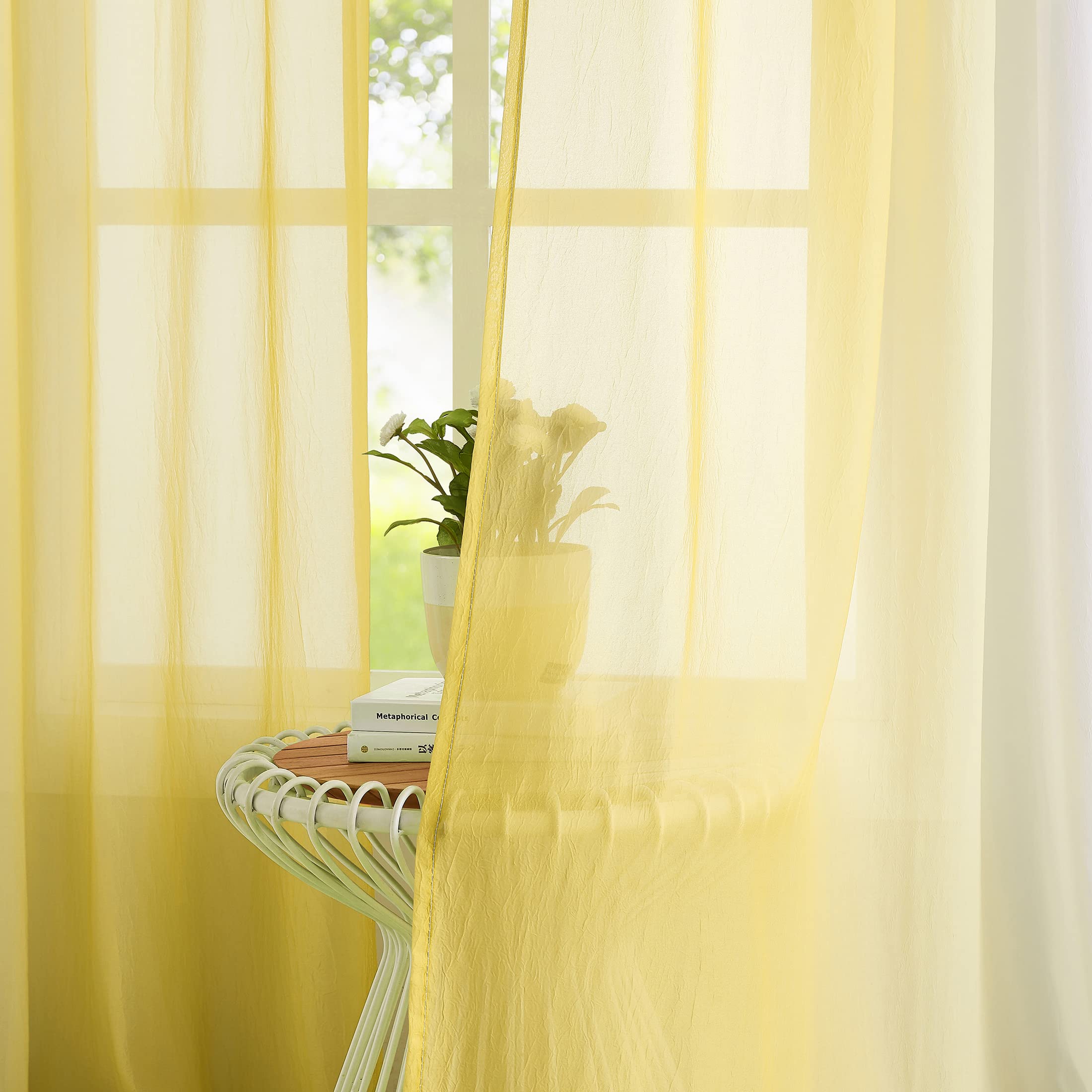 Purainbow Ombre Sheer Curtains Yellow 54 Inches Length for Bedroom Living Room, Chiffon Crinkle Semi Sheer Short Curtain Panels Light Filtering Not