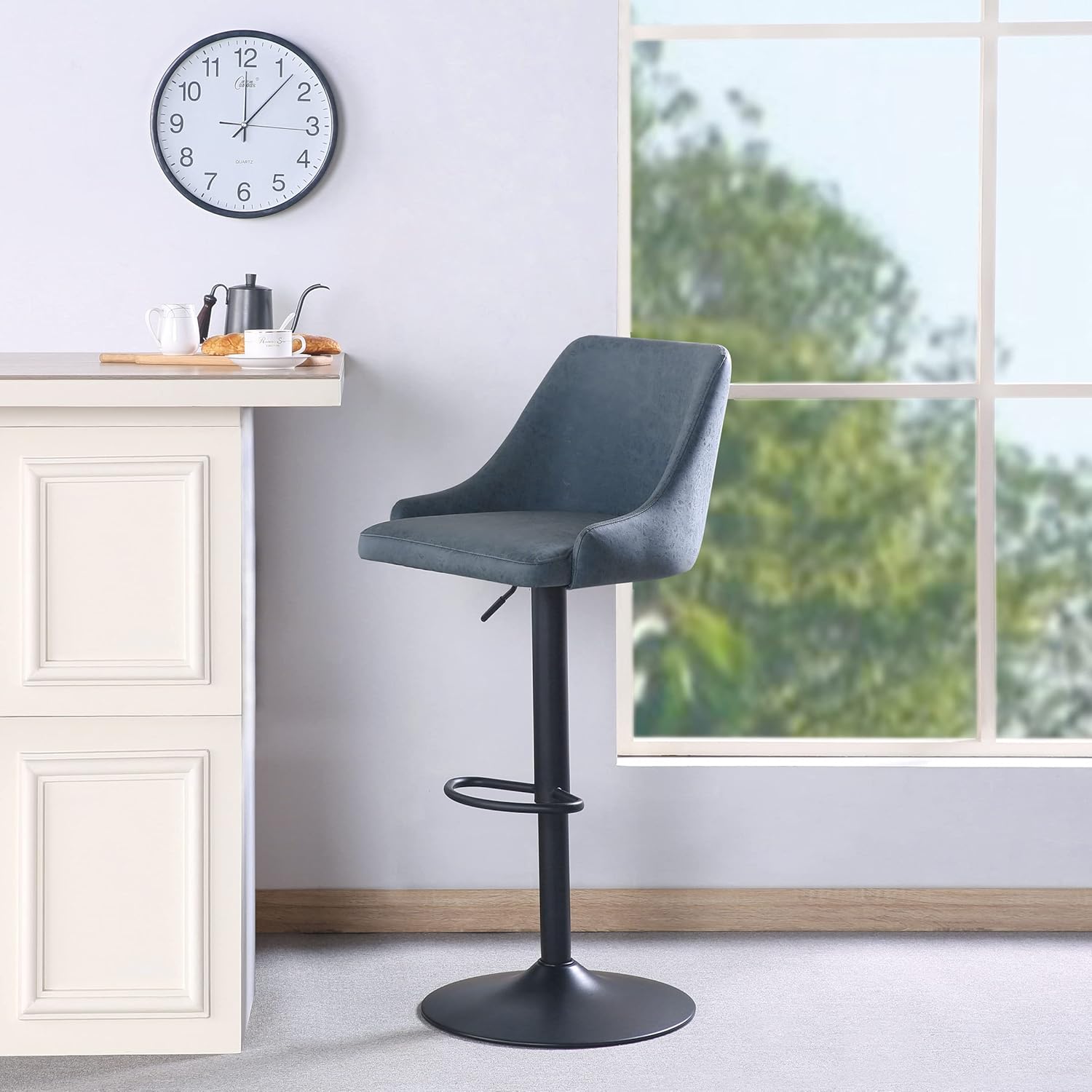 Modern Navy Faux Leather Adjustable Swivel Barstool