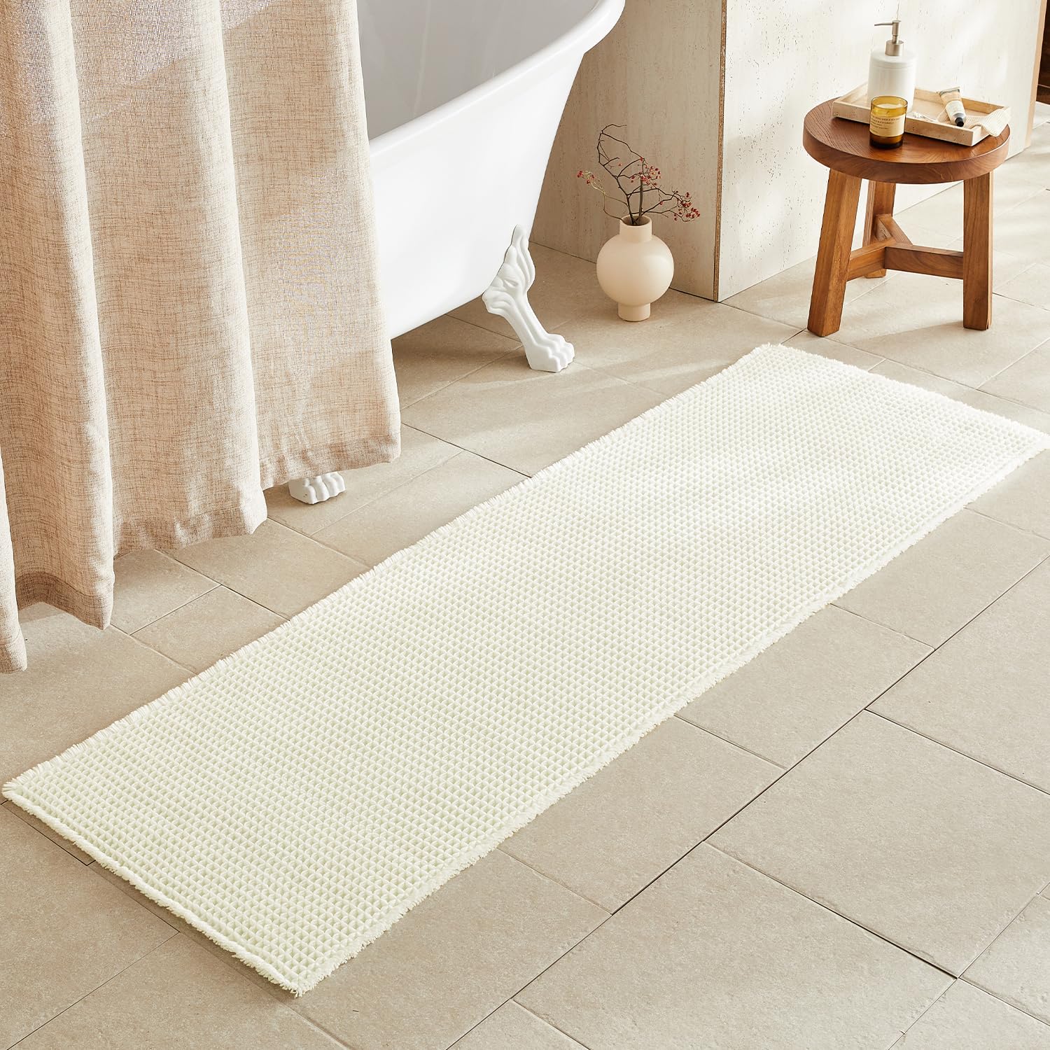 TYUU Cream White Long Bathroom Rugs, Waffle Runner Rug Bathroom Non Slip Washable Super Absorbent Quick Dry Boho Farmhouse Bath Mat, 72"x24" Cream