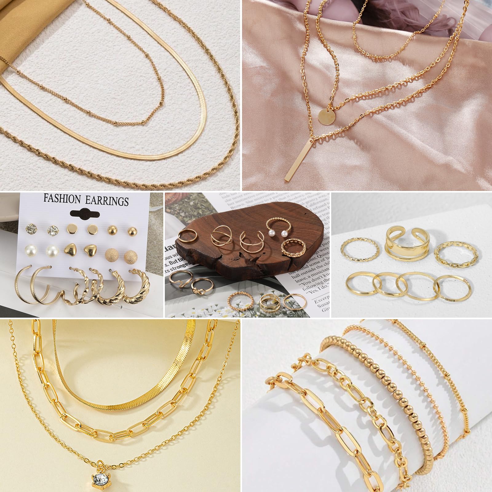 JSTHHTT 40 Pcs Parure Bijoux Femme : Élégante Parure de Bijoux pour Femme comprenant Collier Ras de Cou, Collier Breloque Argent et Or, Bracelet Jonc Or, Lot Bracelet Fantaisie