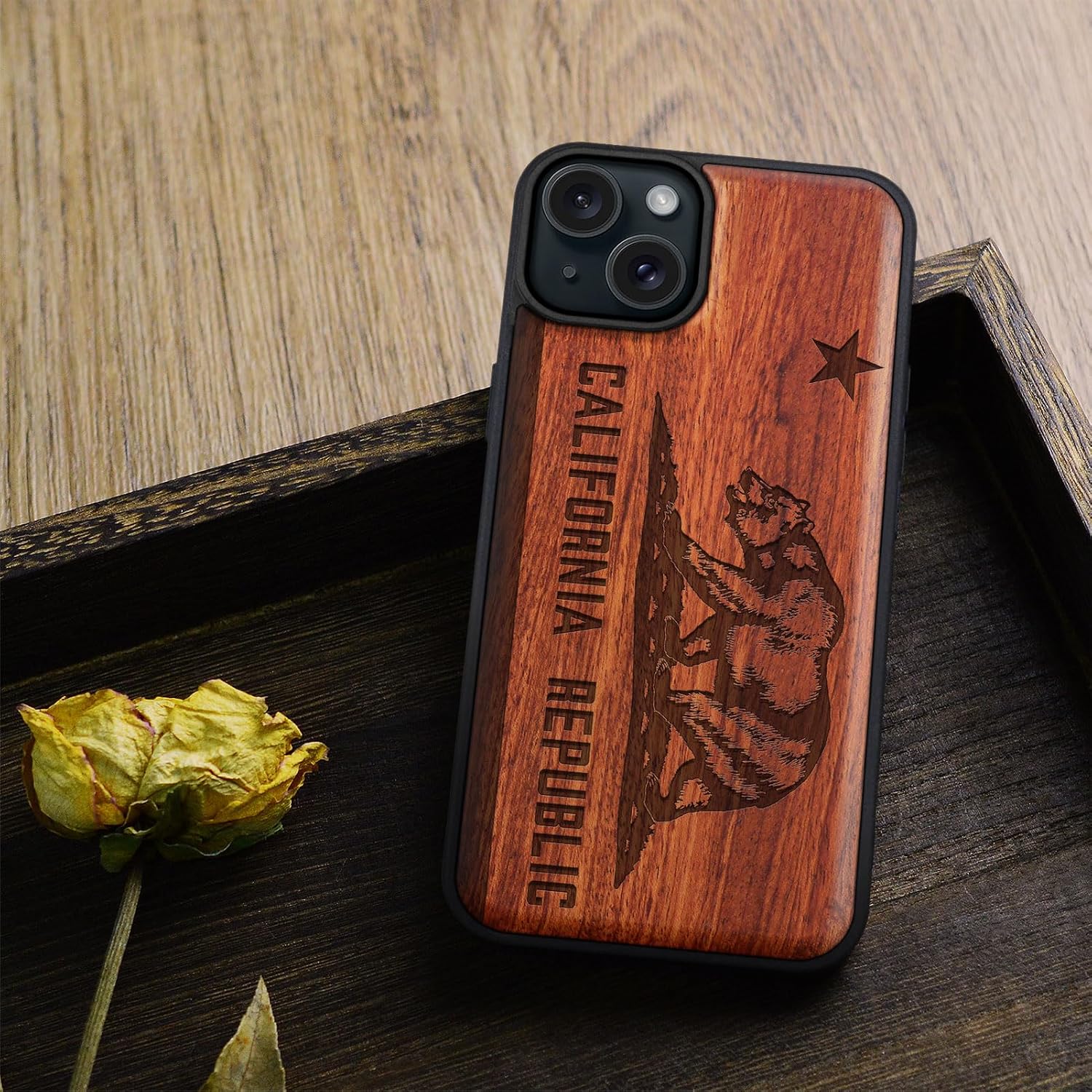 Carveit Magnetic Wooden Case for iPhone 15 Plus Case, Compatible with MagSafe Wireless Chargers, Black Soft TPU Shockproof Cover & Wood Artisan Engraved (Spirit of The Golden State) - Rosy