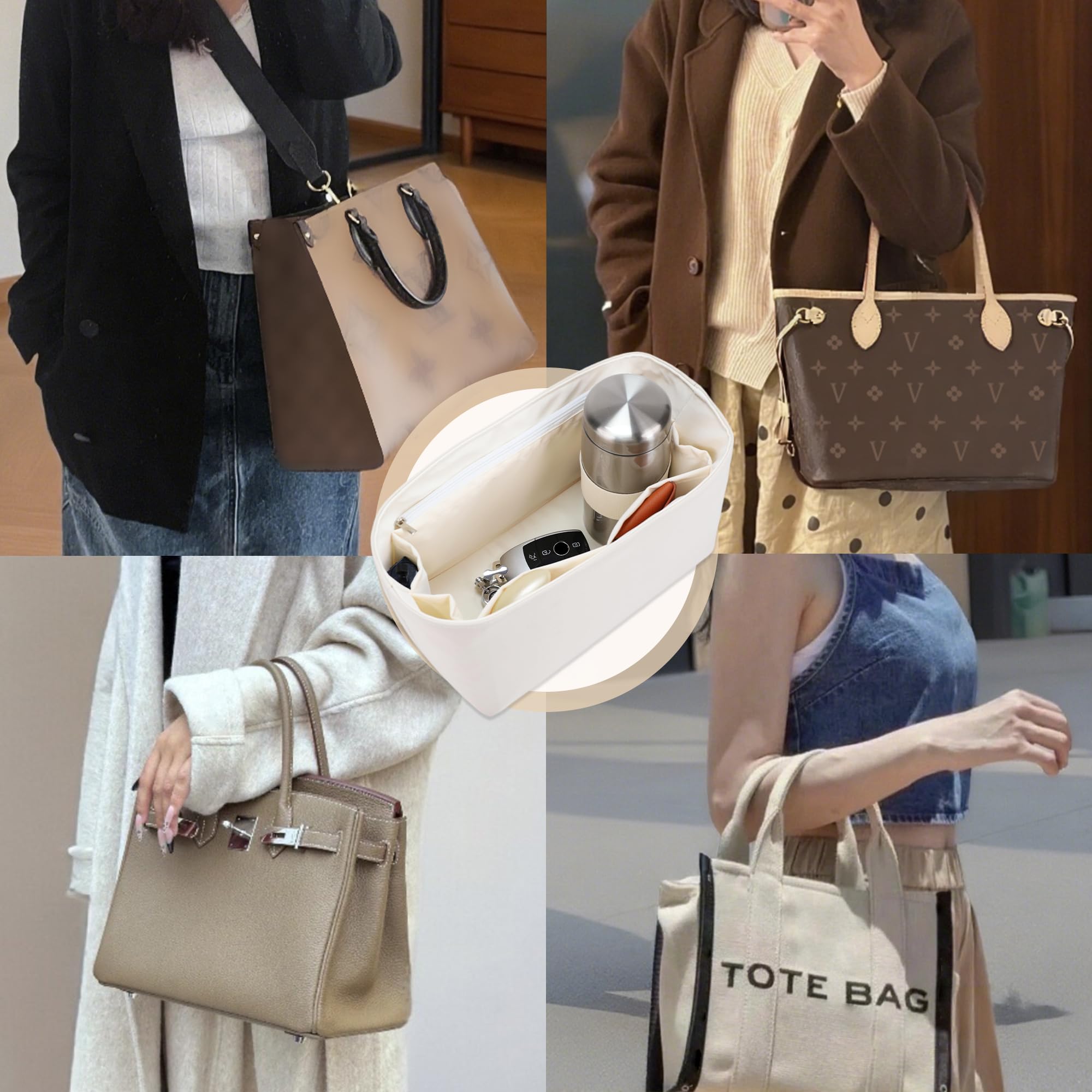 Geldbörsen-Organizer-Einsatz, seidig-glatter Handtaschen- und Tragetaschenformer in 8 Größen, passend für Longchamp, Neverful, Gyard und weitere Taschen(Groß-Creme)
