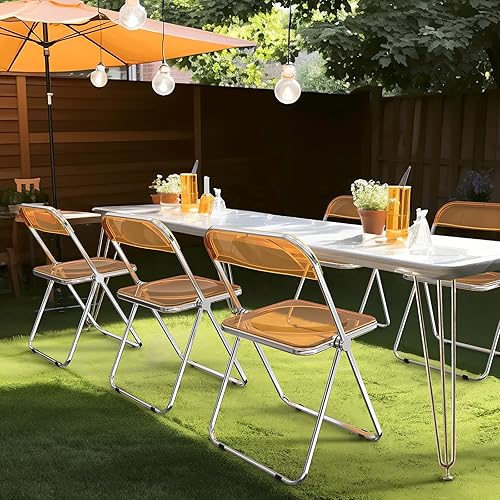 Miniatura 7 de VINGLI Juego de 4 sillas plegables de acrílico, silla transparente plegable y apilable, panel de plástico y marco cromado de metal, capacidad de