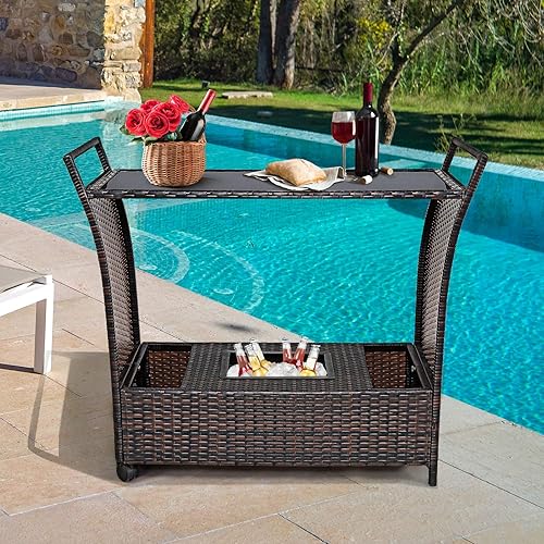 Miniatura 2 de Tangkula Carrito de bar de mimbre para exteriores, carrito de servir vino para patio con ruedas y cubo de hielo extraíble, mesa de barra de bebidas