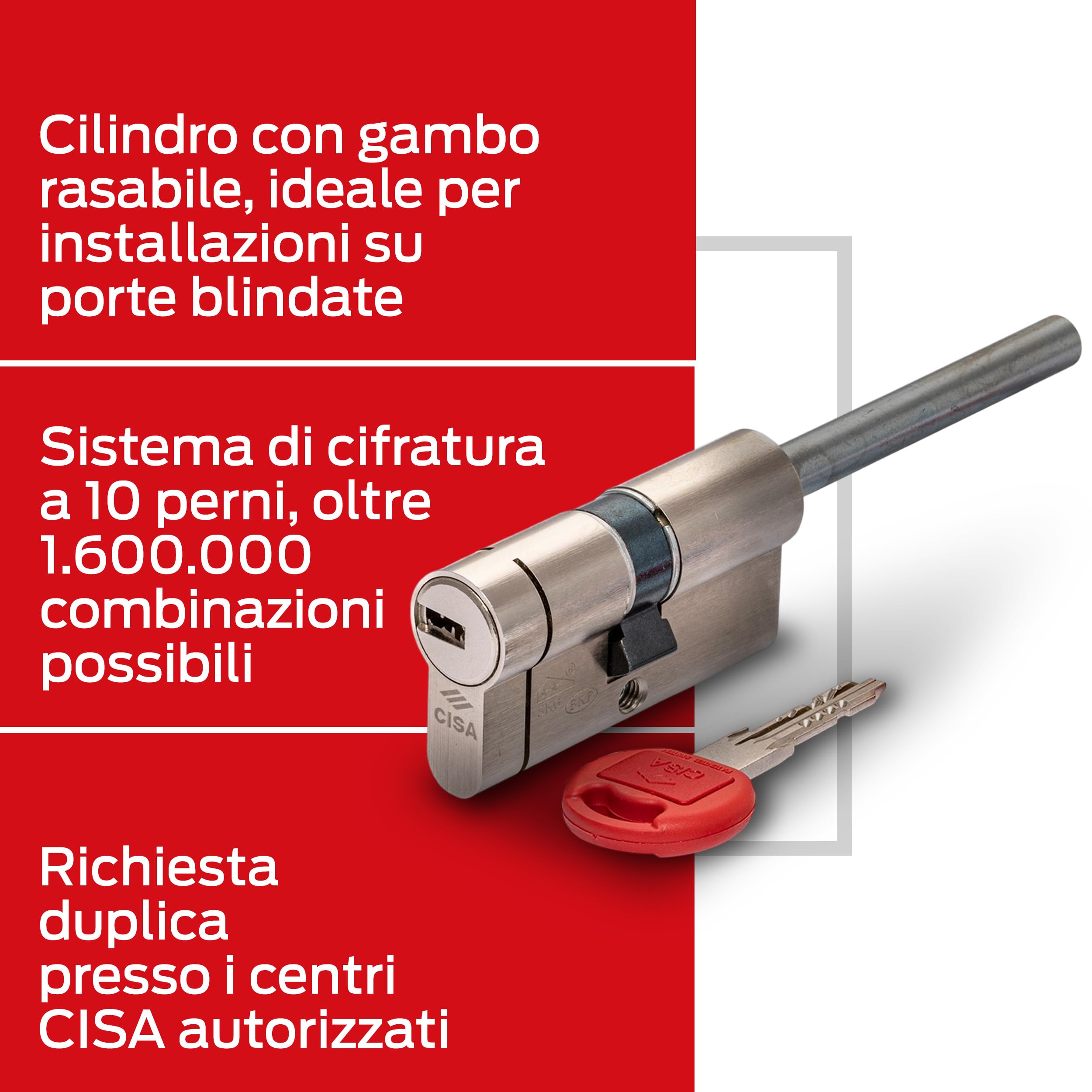 CISA - Cilindro Europeo Astral Tekno PRO 10M3T70701200C5 per Serratura Porta Blindata - Cilindro Europeo 30/30 con 5 Chiavi a Duplica Protetta - Predisposizione al Pomolo